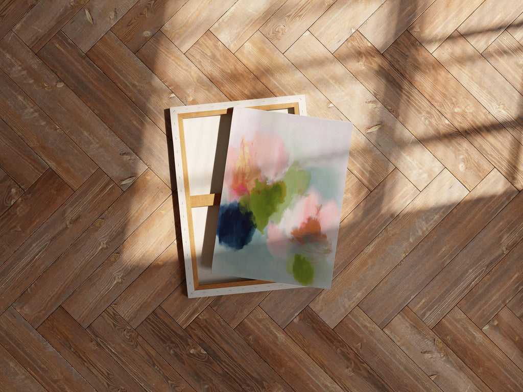 Muse Studio canvas wall art in blush pink, olive green, soft aqua, peach, and deep navy floral abstract tones, printed with museum-grade giclée inks on premium artist-grade canvas, available as stretched or rolled vertical artwork for bedroom, office, or living room styling.
