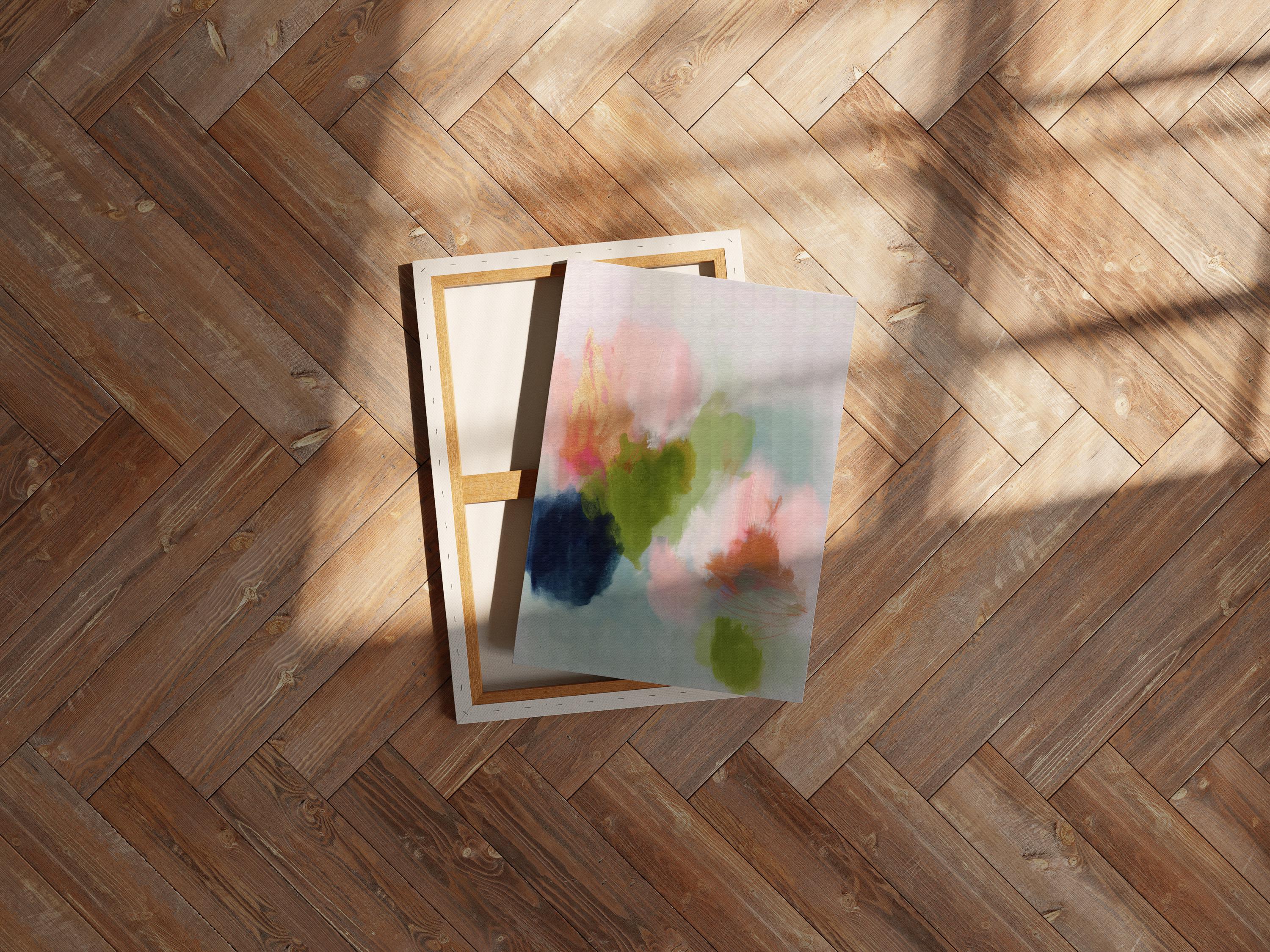 Muse Studio canvas wall art in blush pink, olive green, soft aqua, peach, and deep navy floral abstract tones, printed with museum-grade giclée inks on premium artist-grade canvas, available as stretched or rolled vertical artwork for bedroom, office, or living room styling.