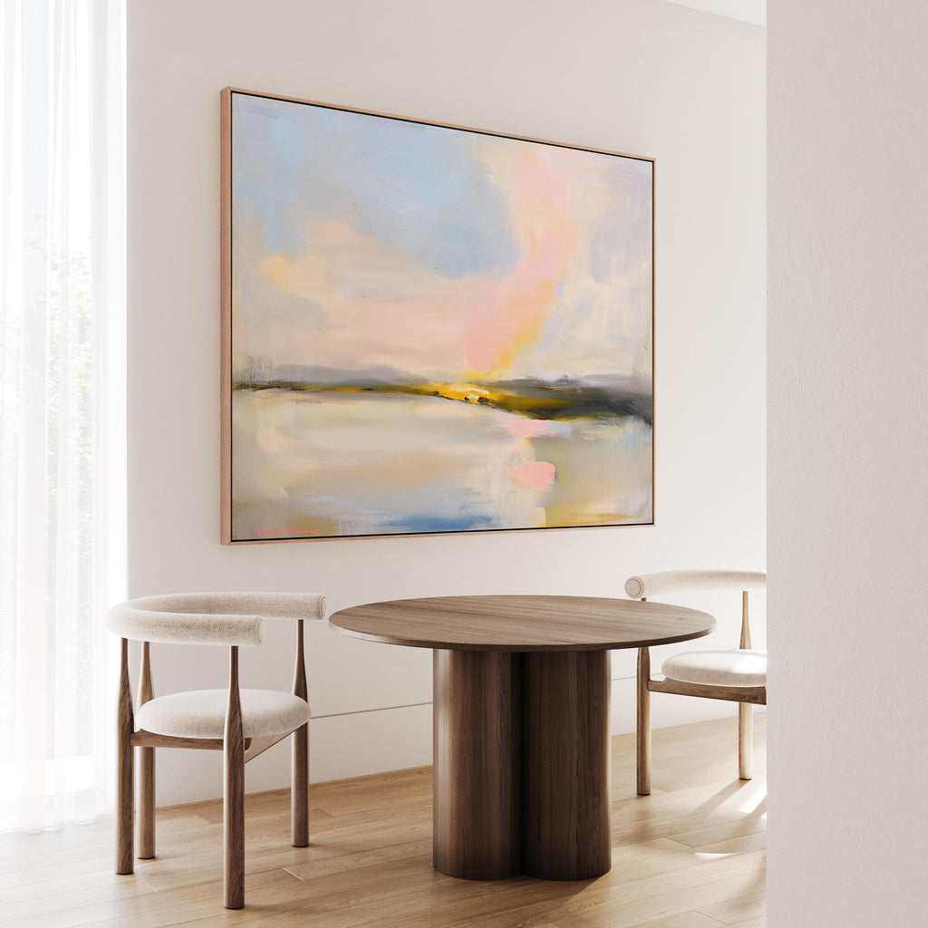 Muse Studio framed abstract landscape wall art with pastel pink, blue, cream, gray, and golden neutral tones. Large square framed canvas artwork with soft coastal horizon movement, museum-grade giclée inks, premium cotton canvas, and custom wood float frame options, styled for living room, bedroom, office, dining room, or elevated modern coastal decor.