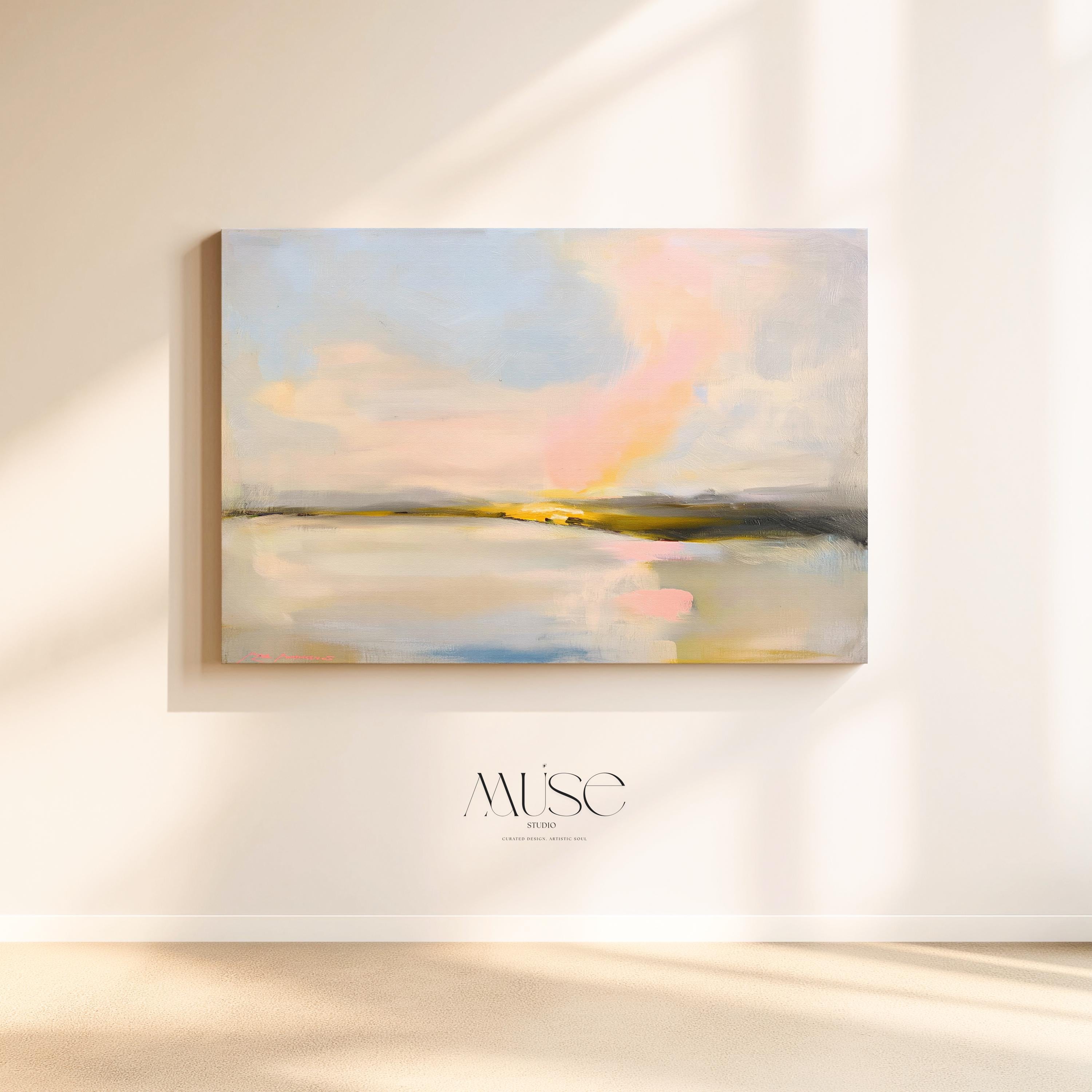 Muse Studio pastel coastal canvas wall art featuring a soft pink and blue abstract landscape with cream, gray, blush, and golden neutral tones. Large square canvas artwork with painterly horizon movement, museum-grade giclée inks, and premium gallery-wrapped cotton canvas, styled above a console for living room, bedroom, office, dining room, or modern coastal interiors.