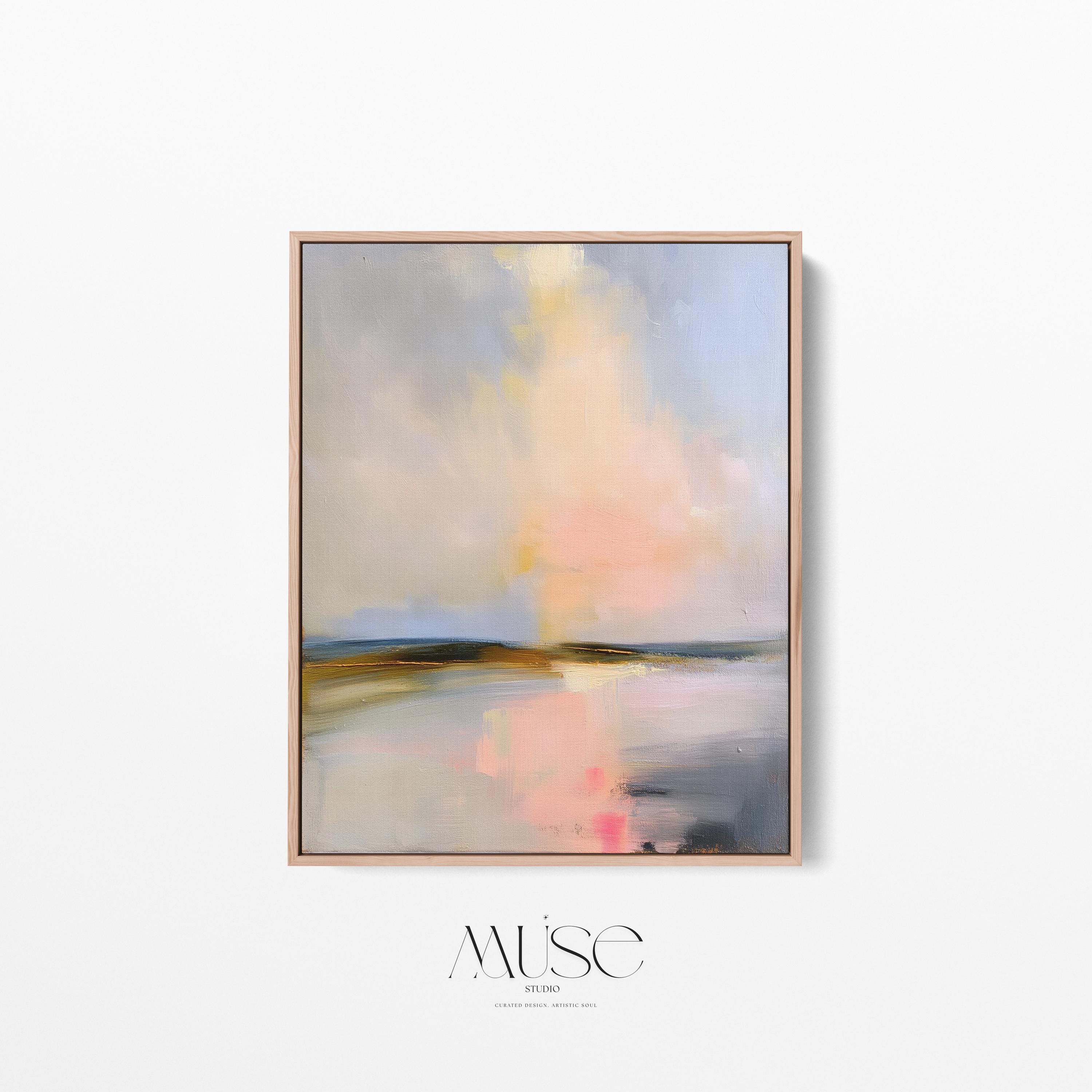 Muse Studio framed coastal wall art featuring a pastel abstract landscape in soft blue, blush pink, cream, gray, and golden neutral tones. Vertical framed canvas artwork with serene horizon movement, museum-grade giclée inks, premium cotton canvas, and custom wood float frame options, styled for living room, bedroom, office, dining room, or modern coastal interiors.