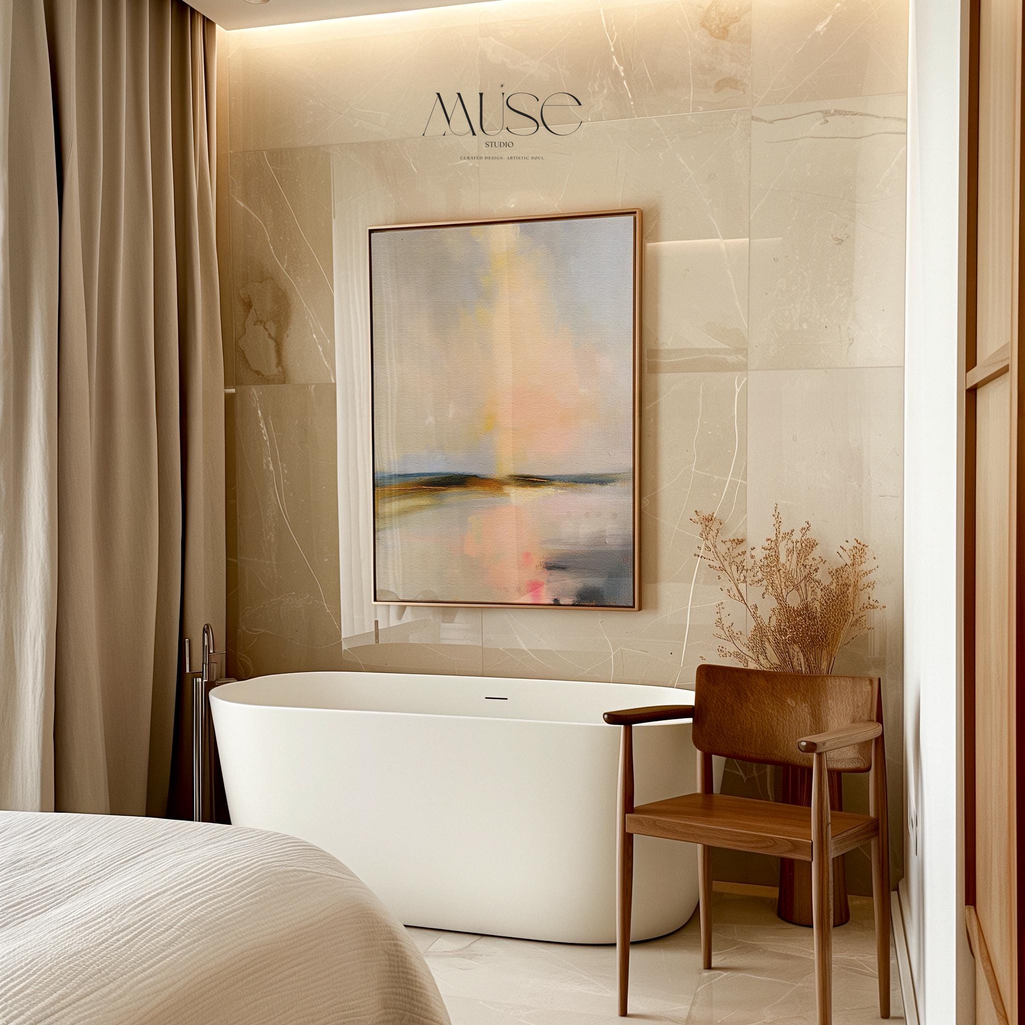 Muse Studio framed coastal wall art featuring a pastel abstract landscape in soft blue, blush pink, cream, gray, and golden neutral tones. Vertical framed canvas artwork with serene horizon movement, museum-grade giclée inks, premium cotton canvas, and custom wood float frame options, styled for living room, bedroom, office, dining room, or modern coastal interiors.