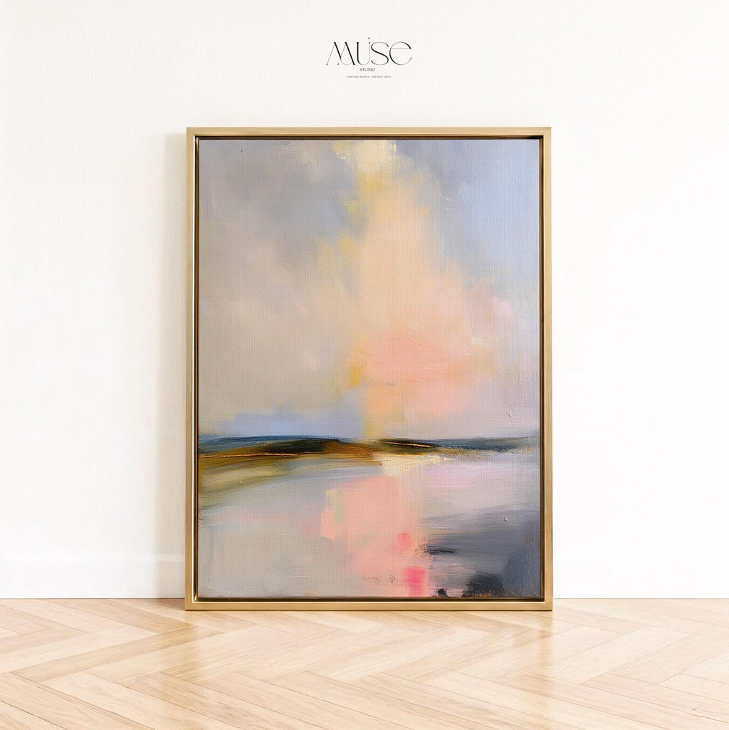 Muse Studio framed coastal wall art featuring a pastel abstract landscape in soft blue, blush pink, cream, gray, and golden neutral tones. Vertical framed canvas artwork with serene horizon movement, museum-grade giclée inks, premium cotton canvas, and custom wood float frame options, styled for living room, bedroom, office, dining room, or modern coastal interiors.