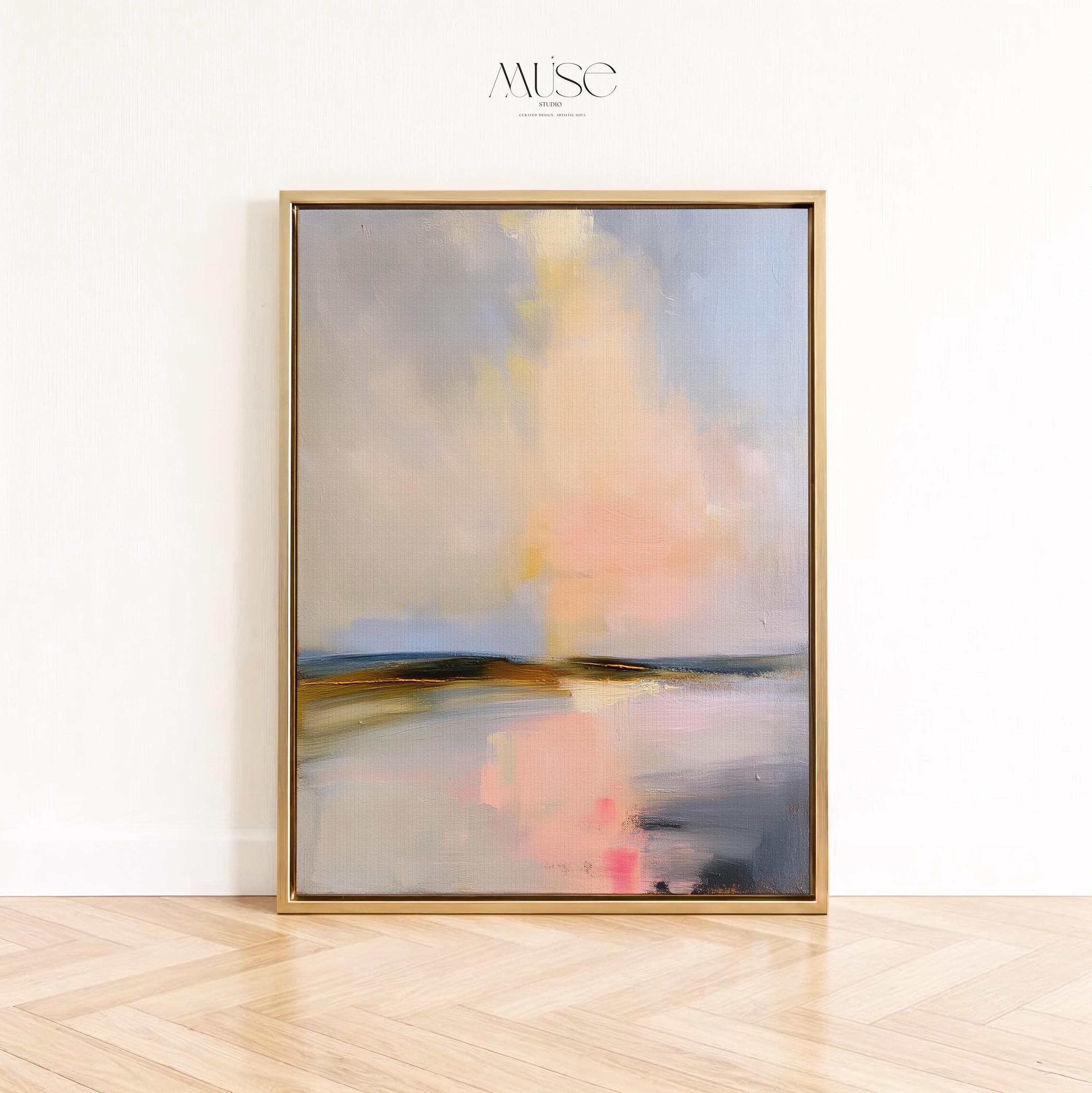 Muse Studio framed coastal wall art featuring a pastel abstract landscape in soft blue, blush pink, cream, gray, and golden neutral tones. Vertical framed canvas artwork with serene horizon movement, museum-grade giclée inks, premium cotton canvas, and custom wood float frame options, styled for living room, bedroom, office, dining room, or modern coastal interiors.