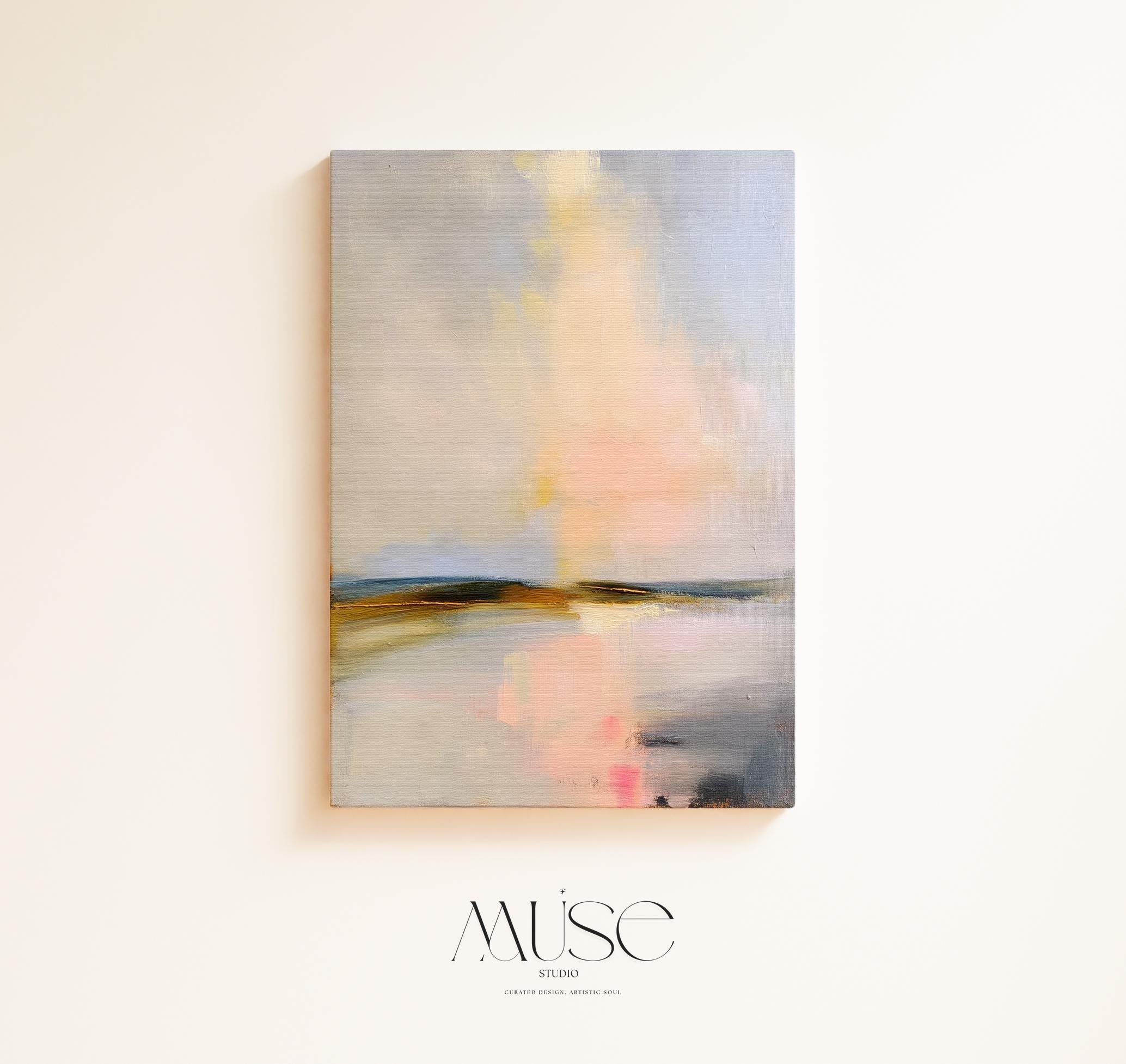 Muse Studio pastel abstract canvas wall art with a serene coastal landscape in soft blue, blush pink, cream, gray, and golden neutral tones. Vertical canvas artwork with painterly horizon movement, museum-grade giclée inks, and premium gallery-wrapped cotton canvas, styled for bedroom, living room, office, dining room, or softly modern coastal decor.