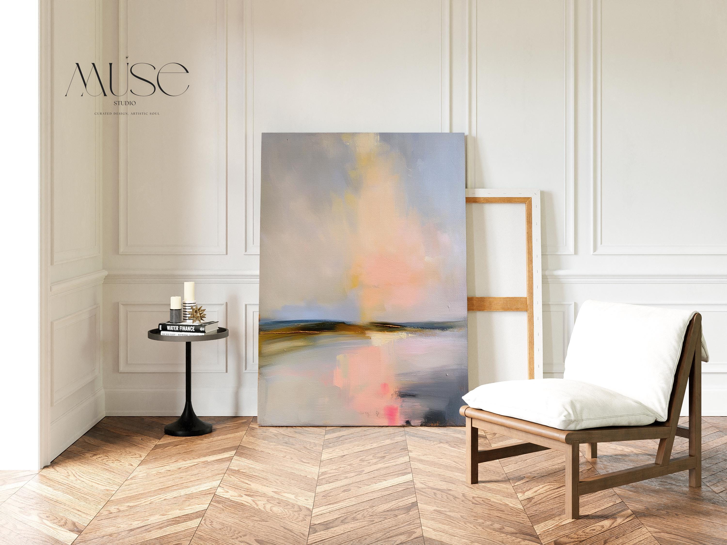 Muse Studio pastel abstract canvas wall art with a serene coastal landscape in soft blue, blush pink, cream, gray, and golden neutral tones. Vertical canvas artwork with painterly horizon movement, museum-grade giclée inks, and premium gallery-wrapped cotton canvas, styled for bedroom, living room, office, dining room, or softly modern coastal decor.