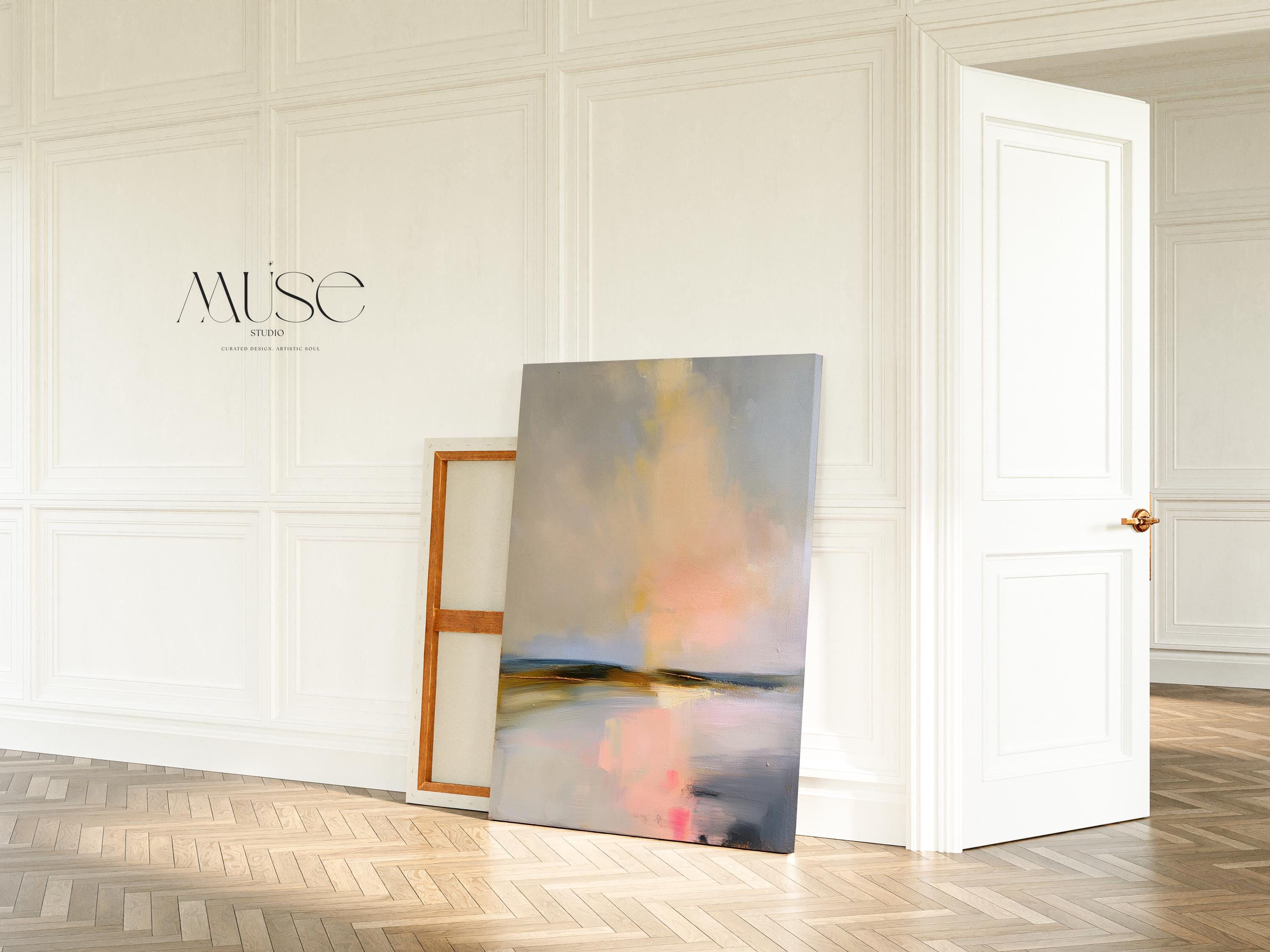 Muse Studio pastel abstract canvas wall art with a serene coastal landscape in soft blue, blush pink, cream, gray, and golden neutral tones. Vertical canvas artwork with painterly horizon movement, museum-grade giclée inks, and premium gallery-wrapped cotton canvas, styled for bedroom, living room, office, dining room, or softly modern coastal decor.