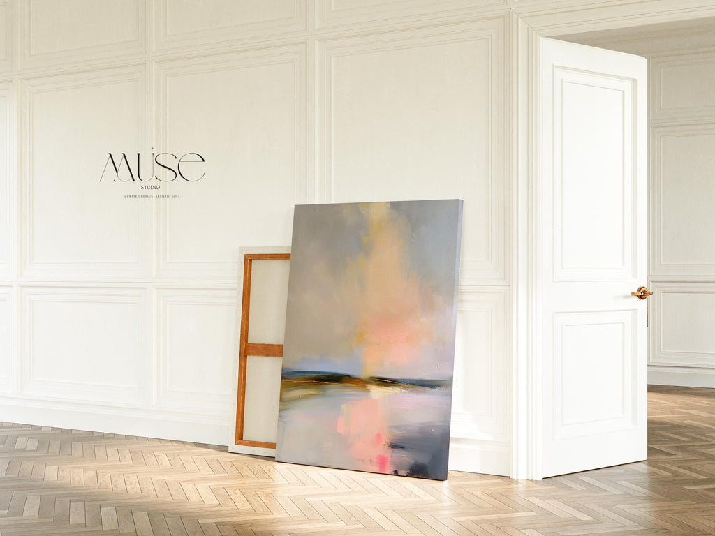 Muse Studio pastel abstract canvas wall art with a serene coastal landscape in soft blue, blush pink, cream, gray, and golden neutral tones. Vertical canvas artwork with painterly horizon movement, museum-grade giclée inks, and premium gallery-wrapped cotton canvas, styled for bedroom, living room, office, dining room, or softly modern coastal decor.