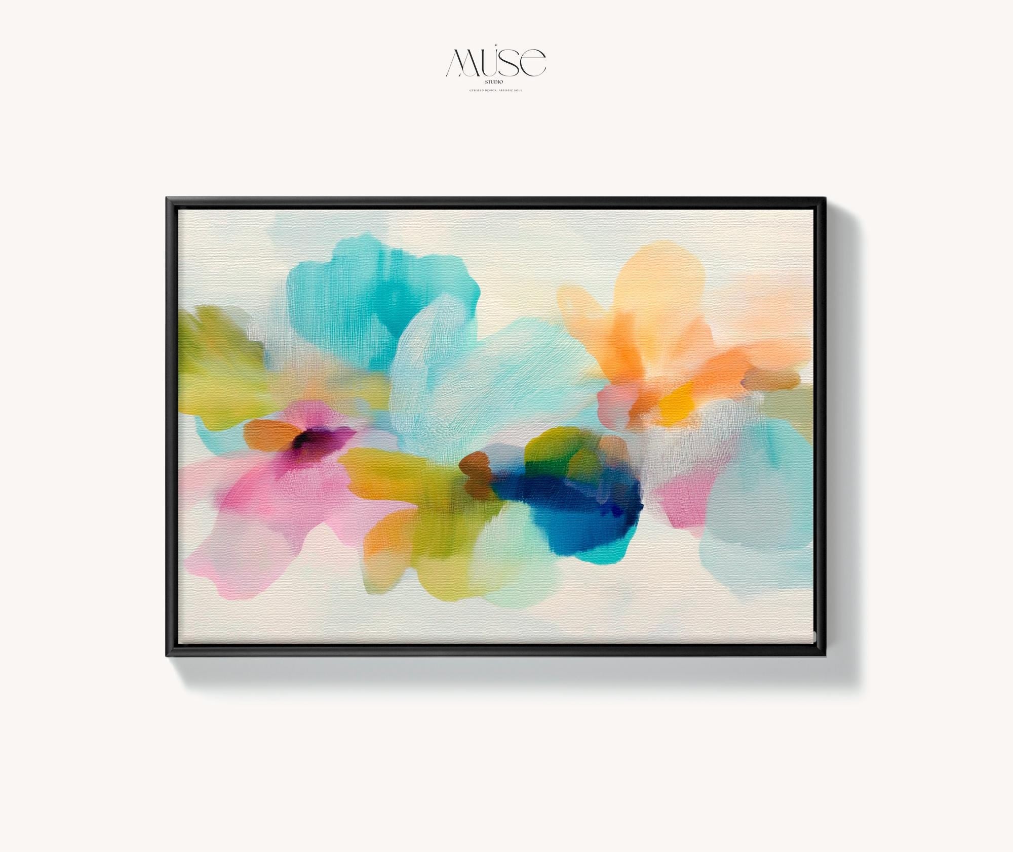Muse Studio framed canvas wall art in pastel aqua, blush pink, peach, yellow, green, and cobalt blue floral abstract style, printed with museum-grade giclée inks on premium artist-grade canvas, available as a horizontal framed canvas, styled in a serene bedroom, living room, or soft contemporary office.