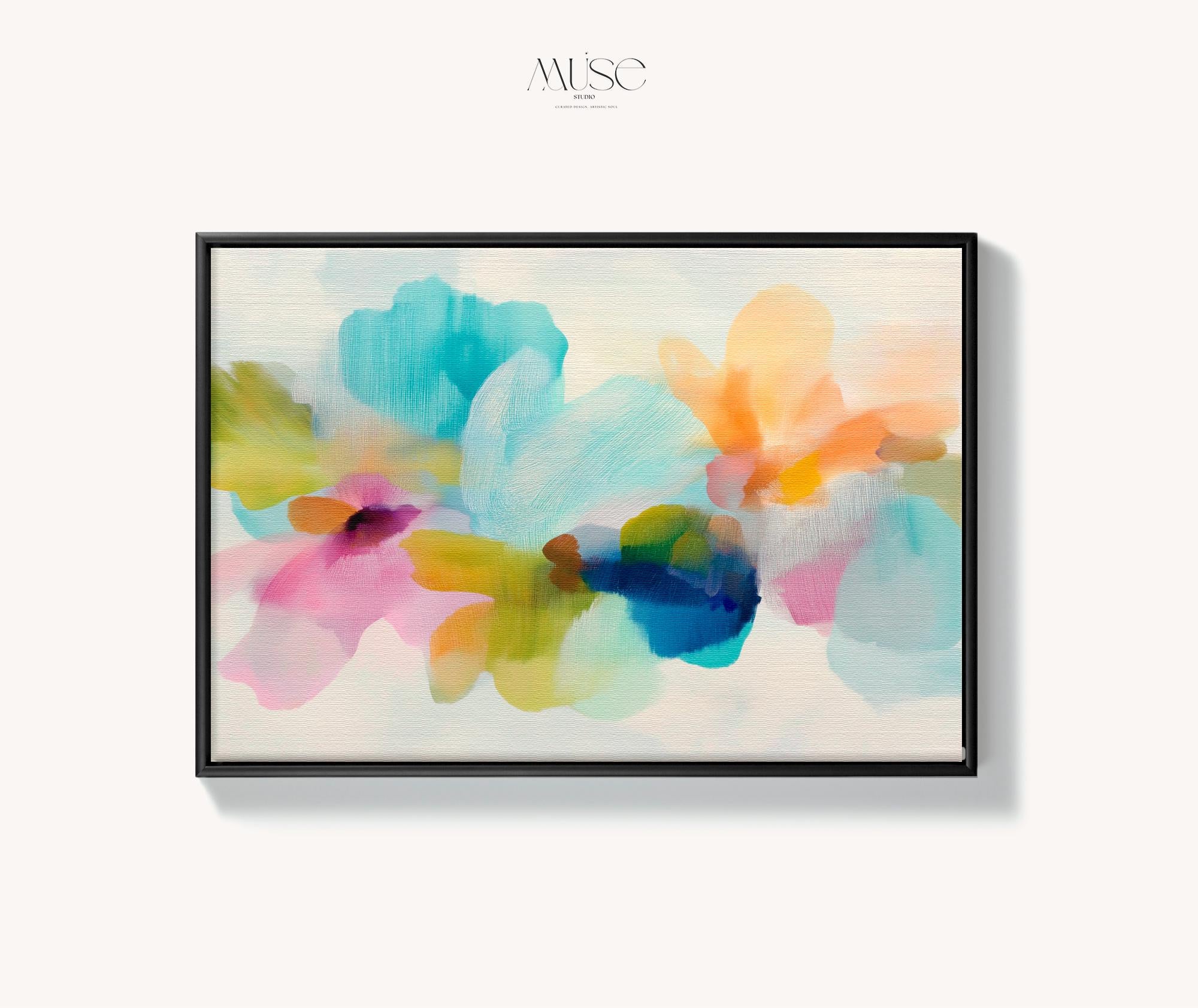 Muse Studio framed canvas wall art in pastel aqua, blush pink, peach, yellow, green, and cobalt blue floral abstract style, printed with museum-grade giclée inks on premium artist-grade canvas, available as a horizontal framed canvas, styled in a serene bedroom, living room, or soft contemporary office.
