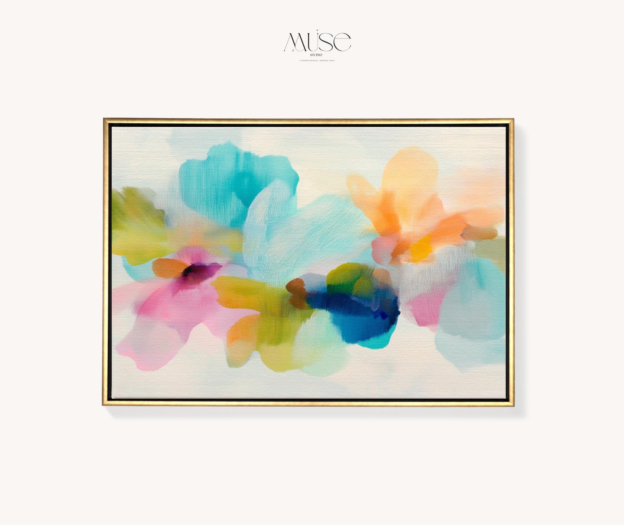 Muse Studio framed canvas wall art in pastel aqua, blush pink, peach, yellow, green, and cobalt blue floral abstract style, printed with museum-grade giclée inks on premium artist-grade canvas, available as a horizontal framed canvas, styled in a serene bedroom, living room, or soft contemporary office.