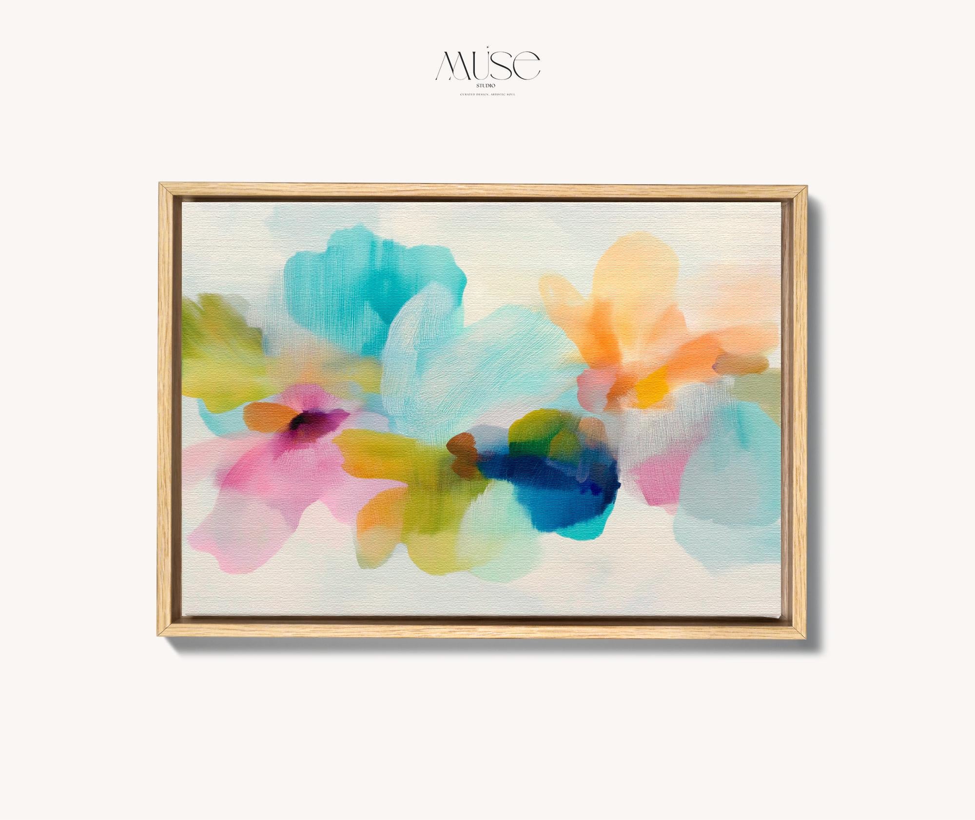 Muse Studio framed canvas wall art in pastel aqua, blush pink, peach, yellow, green, and cobalt blue floral abstract style, printed with museum-grade giclée inks on premium artist-grade canvas, available as a horizontal framed canvas, styled in a serene bedroom, living room, or soft contemporary office.