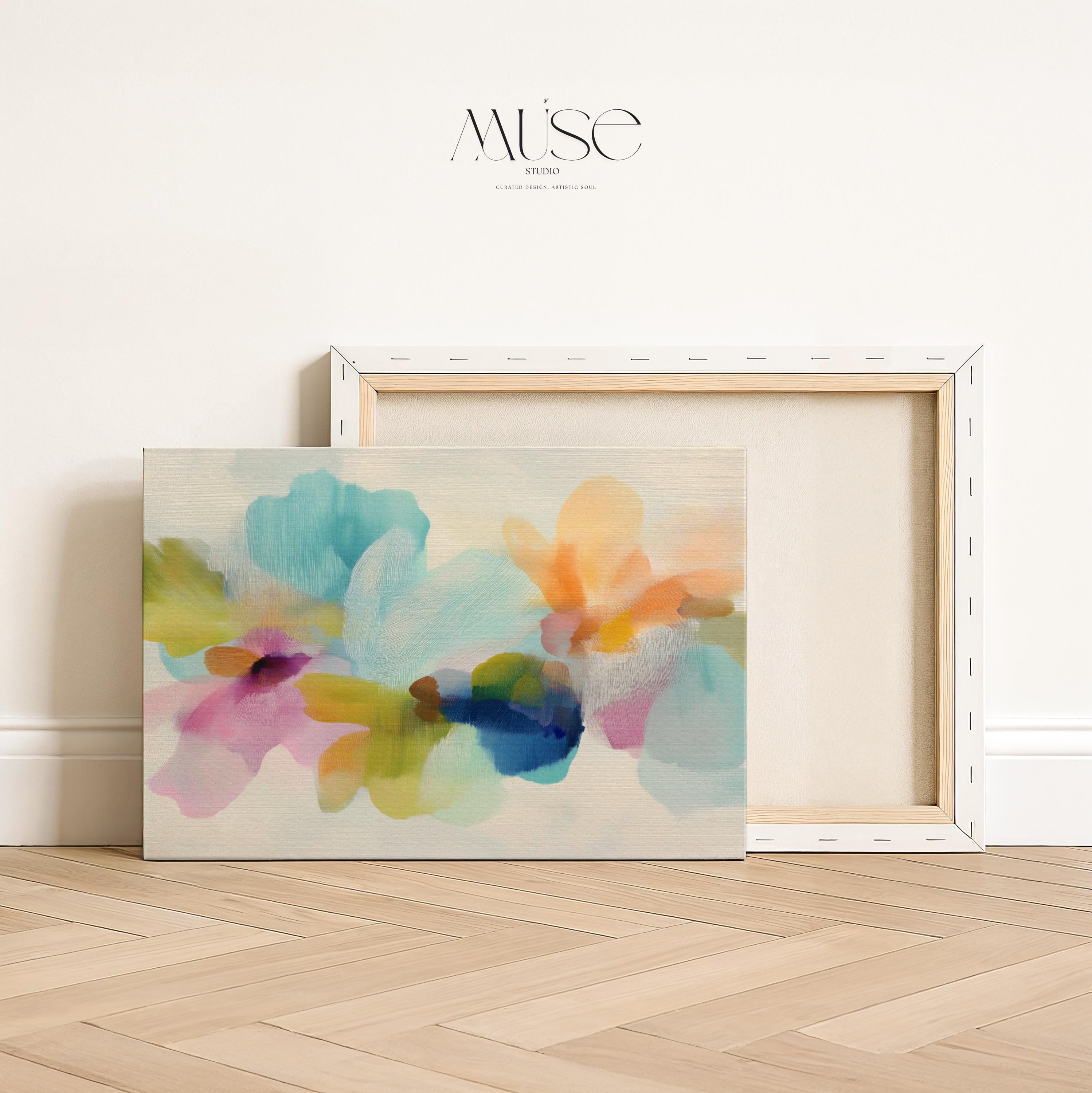 Muse Studio canvas wall art in pastel aqua, blush pink, peach, yellow, green, and cobalt blue floral abstract style, printed with museum-grade giclée inks on premium artist-grade canvas, available as horizontal stretched or rolled canvas, styled in a serene bedroom, living room, or soft contemporary office.