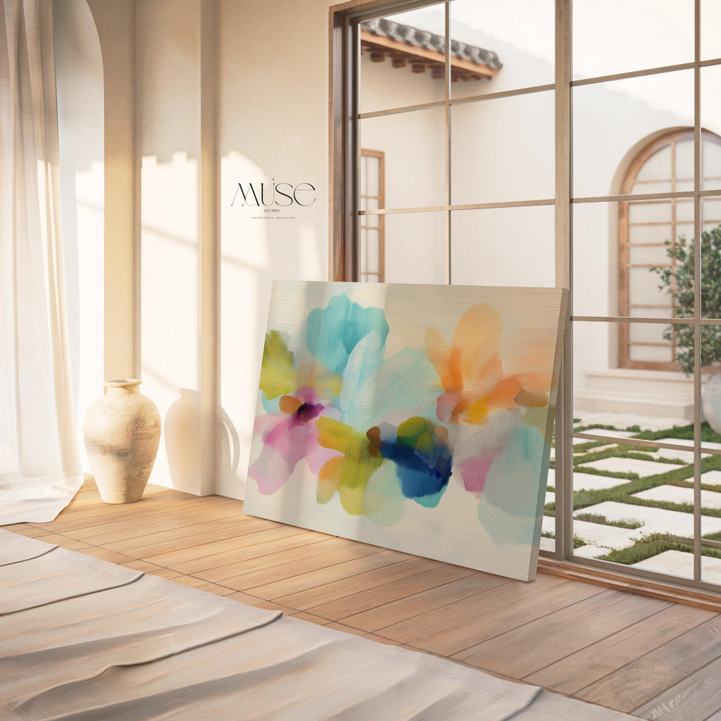 Muse Studio canvas wall art in pastel aqua, blush pink, peach, yellow, green, and cobalt blue floral abstract style, printed with museum-grade giclée inks on premium artist-grade canvas, available as horizontal stretched or rolled canvas, styled in a serene bedroom, living room, or soft contemporary office.