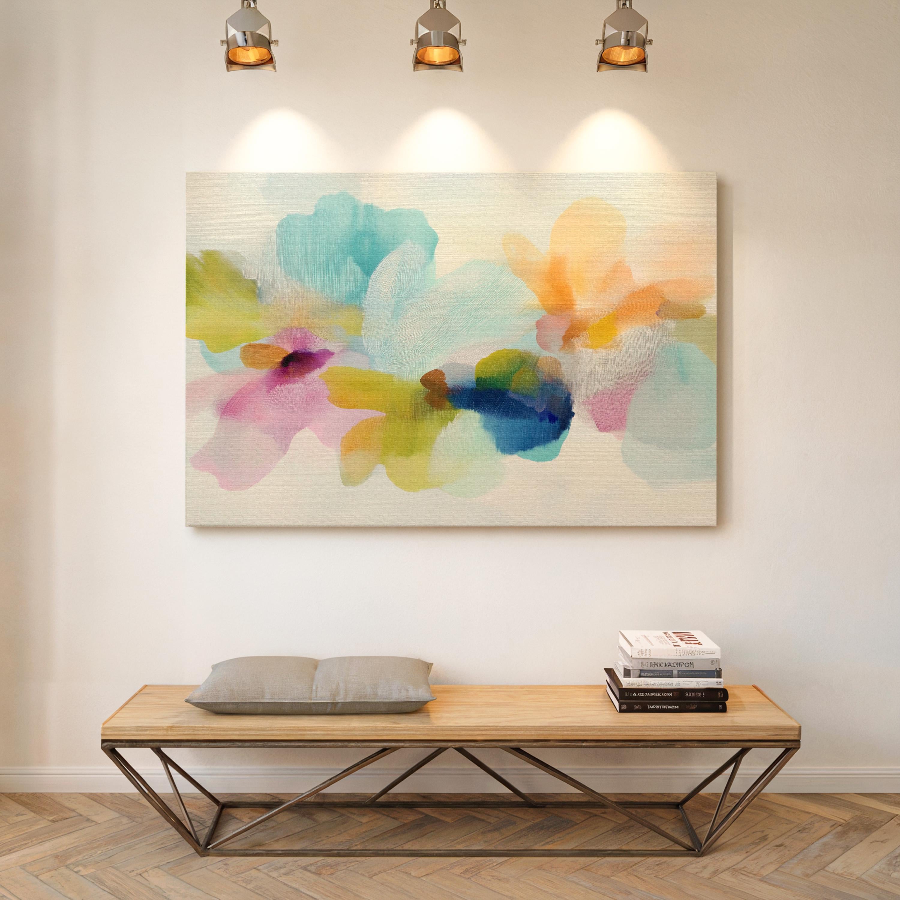 Muse Studio canvas wall art in pastel aqua, blush pink, peach, yellow, green, and cobalt blue floral abstract style, printed with museum-grade giclée inks on premium artist-grade canvas, available as horizontal stretched or rolled canvas, styled in a serene bedroom, living room, or soft contemporary office.