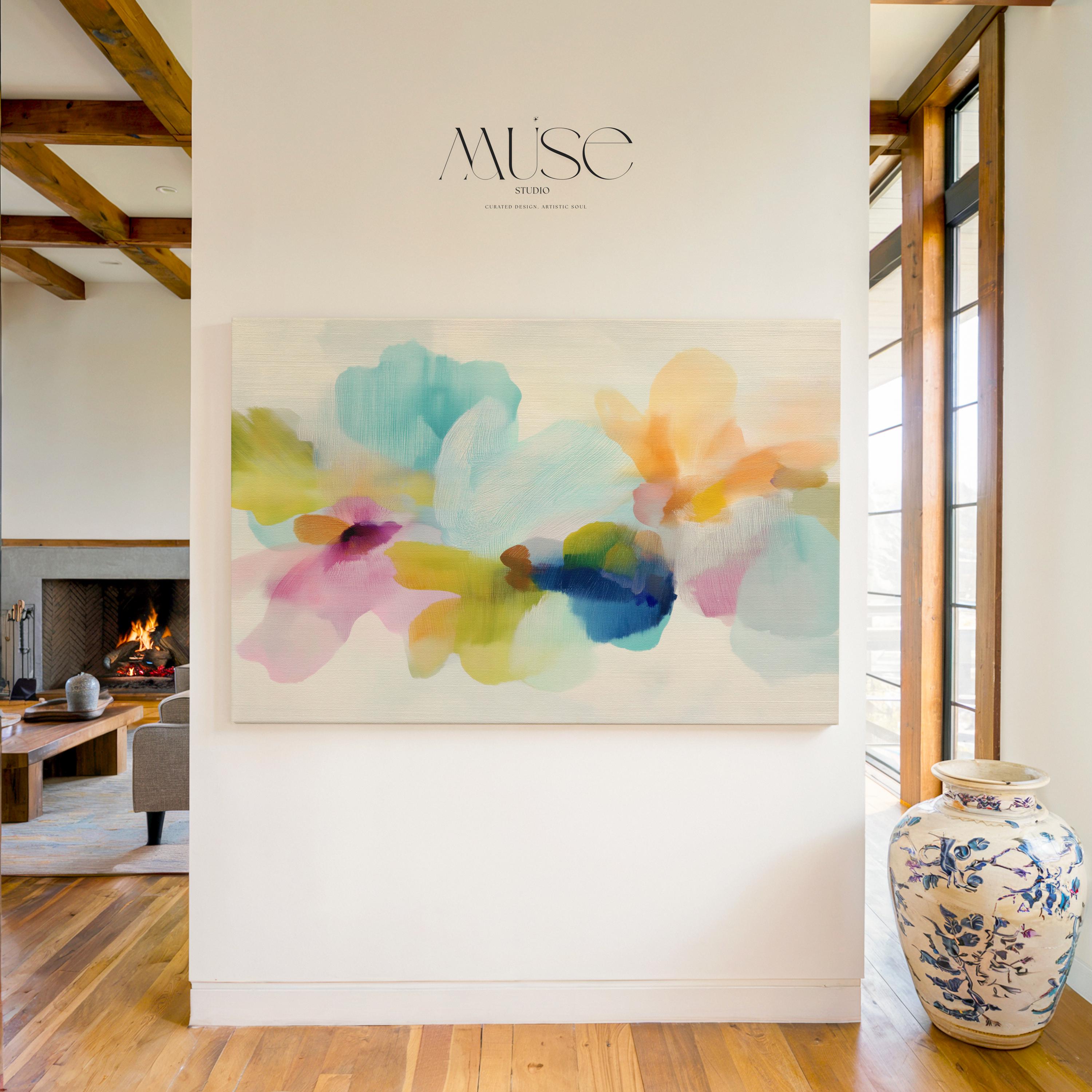 Muse Studio canvas wall art in pastel aqua, blush pink, peach, yellow, green, and cobalt blue floral abstract style, printed with museum-grade giclée inks on premium artist-grade canvas, available as horizontal stretched or rolled canvas, styled in a serene bedroom, living room, or soft contemporary office.