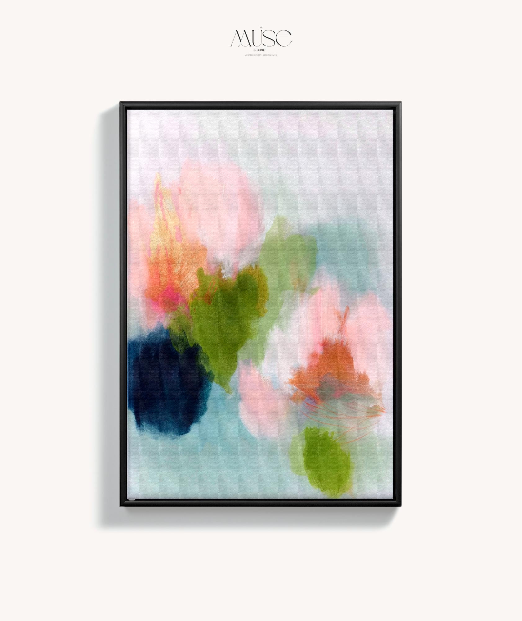 Muse Studio framed wall art in blush pink, olive green, soft aqua, and peach floral abstract tones, printed with museum-grade giclée inks on premium artist canvas and available in custom natural, white, black, antique gold, or antique silver float frames, styled as vertical statement artwork for a bedroom, office, or living room.