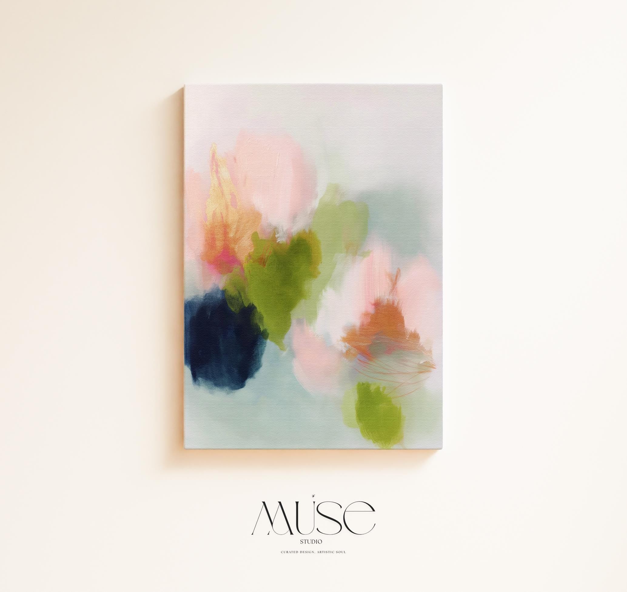 Muse Studio canvas wall art in blush pink, olive green, soft aqua, peach, and deep navy floral abstract tones, printed with museum-grade giclée inks on premium artist-grade canvas, available as stretched or rolled vertical artwork for bedroom, office, or living room styling.