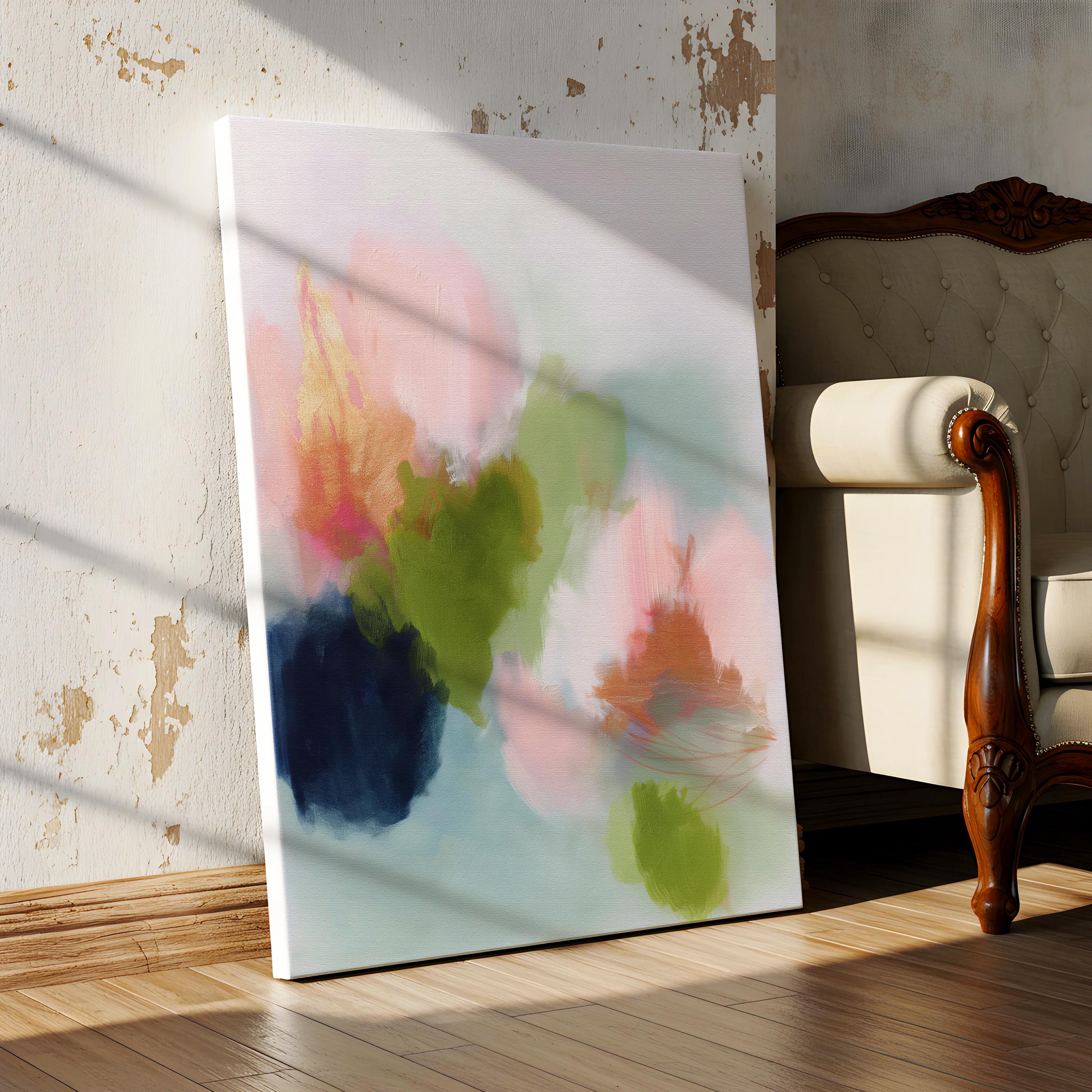 Muse Studio canvas wall art in blush pink, olive green, soft aqua, peach, and deep navy floral abstract tones, printed with museum-grade giclée inks on premium artist-grade canvas, available as stretched or rolled vertical artwork for bedroom, office, or living room styling.