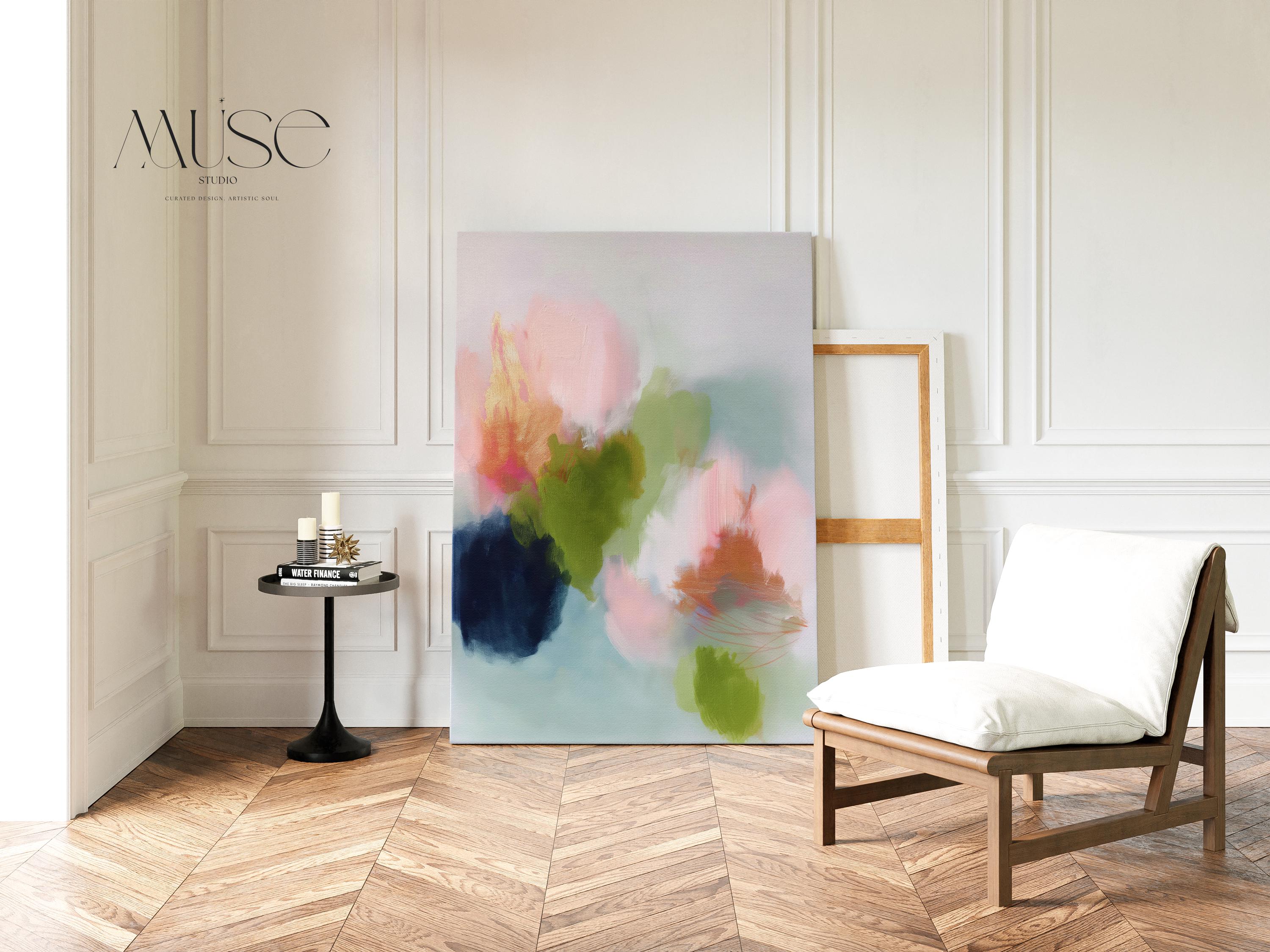 Muse Studio canvas wall art in blush pink, olive green, soft aqua, peach, and deep navy floral abstract tones, printed with museum-grade giclée inks on premium artist-grade canvas, available as stretched or rolled vertical artwork for bedroom, office, or living room styling.
