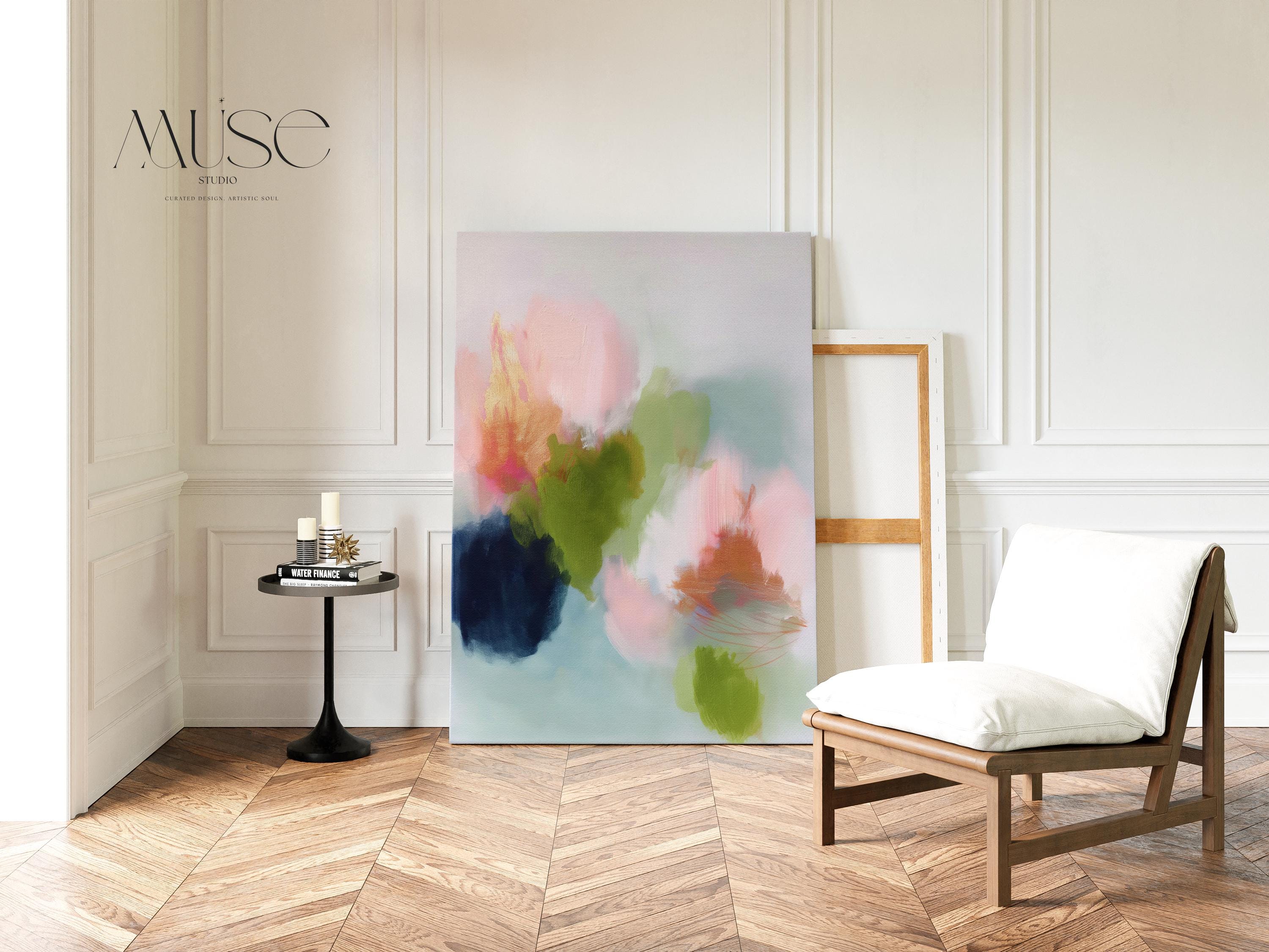 Muse Studio canvas wall art in blush pink, olive green, soft aqua, peach, and deep navy floral abstract tones, printed with museum-grade giclée inks on premium artist-grade canvas, available as stretched or rolled vertical artwork for bedroom, office, or living room styling.