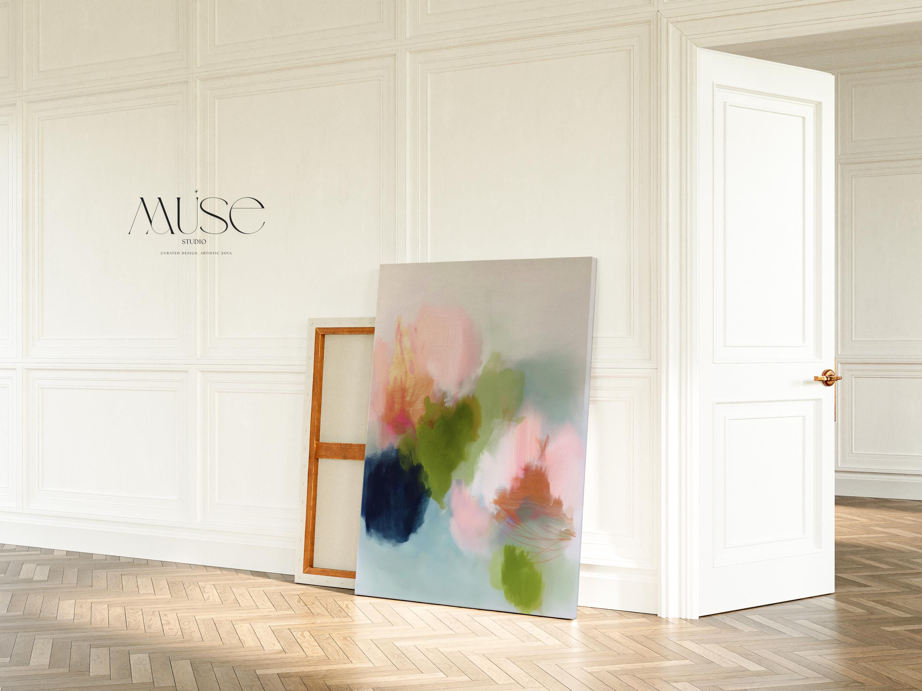 Muse Studio canvas wall art in blush pink, olive green, soft aqua, peach, and deep navy floral abstract tones, printed with museum-grade giclée inks on premium artist-grade canvas, available as stretched or rolled vertical artwork for bedroom, office, or living room styling.