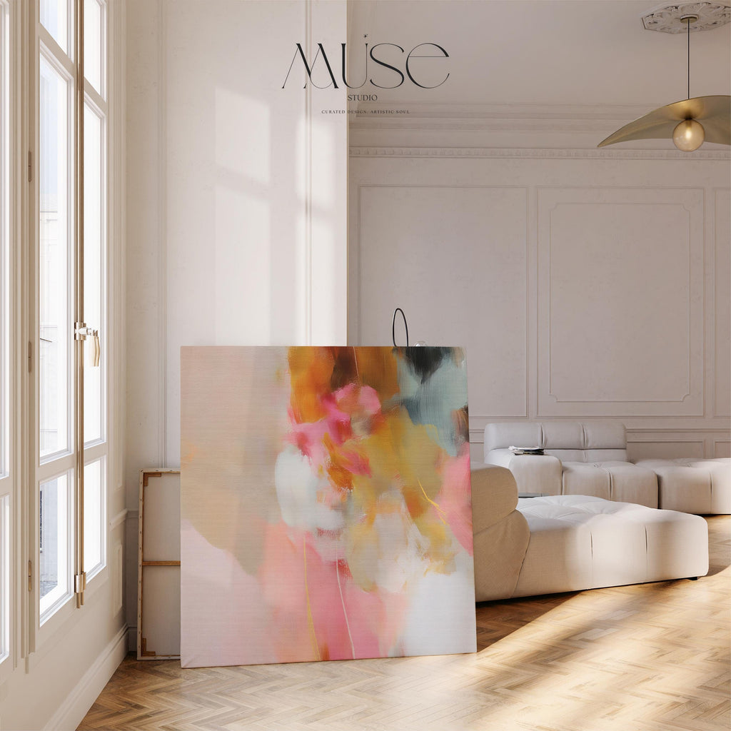 Square abstract canvas artwork featuring blush pink, golden ochre, and soft neutral tones in a painterly composition. Designed for Soft Contemporary interiors, this refined piece adds warmth and movement to bedrooms, living rooms, or designer-curated spaces. Printed on archival cotton-blend canvas and hand-stretched for a gallery-quality finish with timeless appeal.