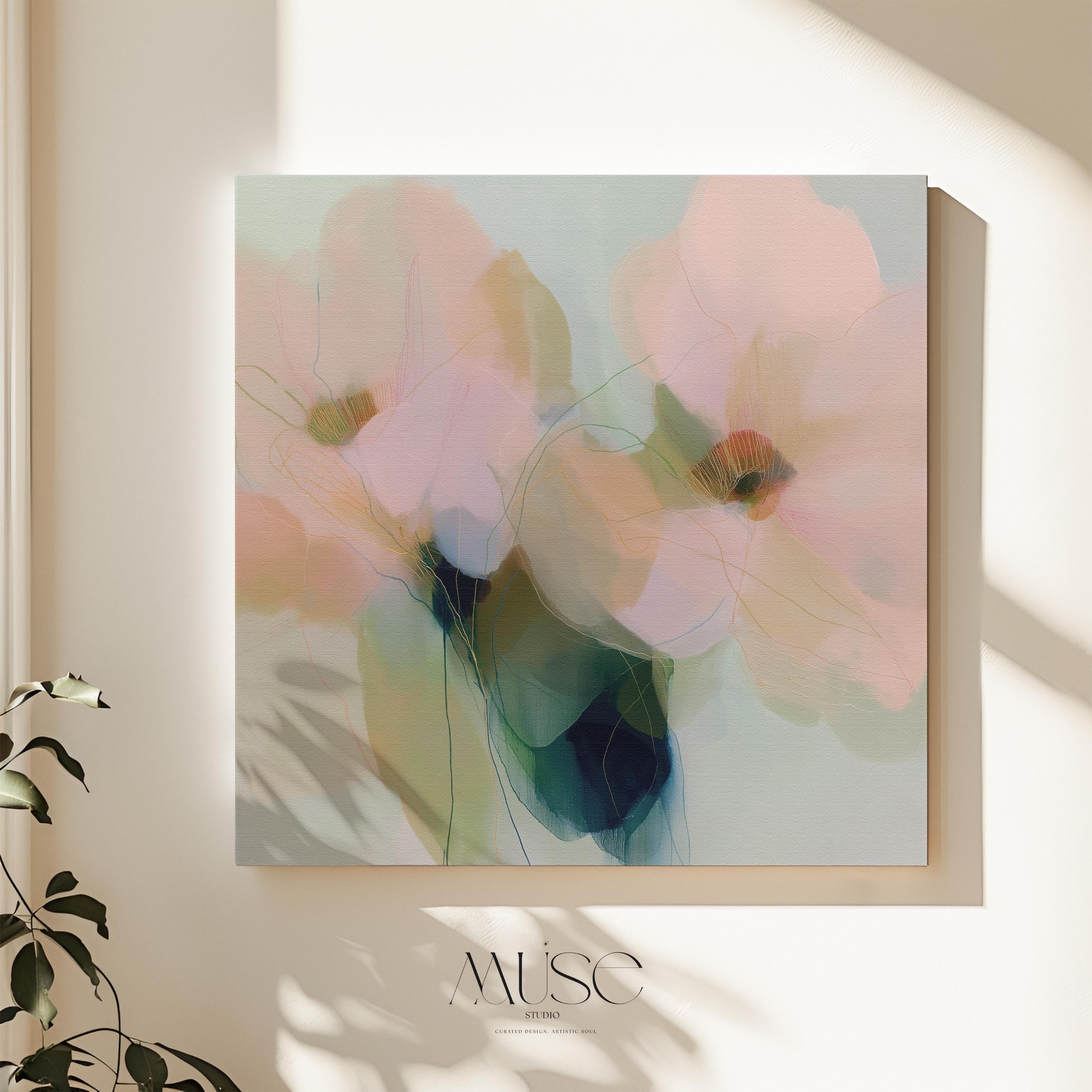 Muse Studio pastel floral canvas wall art featuring blush pink, pale peach, sage green, misty aqua, cream, and deep teal abstract botanical flowers. Square canvas artwork with soft romantic botanical movement, translucent petal forms, fine linework, museum-grade giclée inks, and premium gallery-wrapped cotton canvas, styled for living room, bedroom, office, dining room, cottage, or soft contemporary interiors.