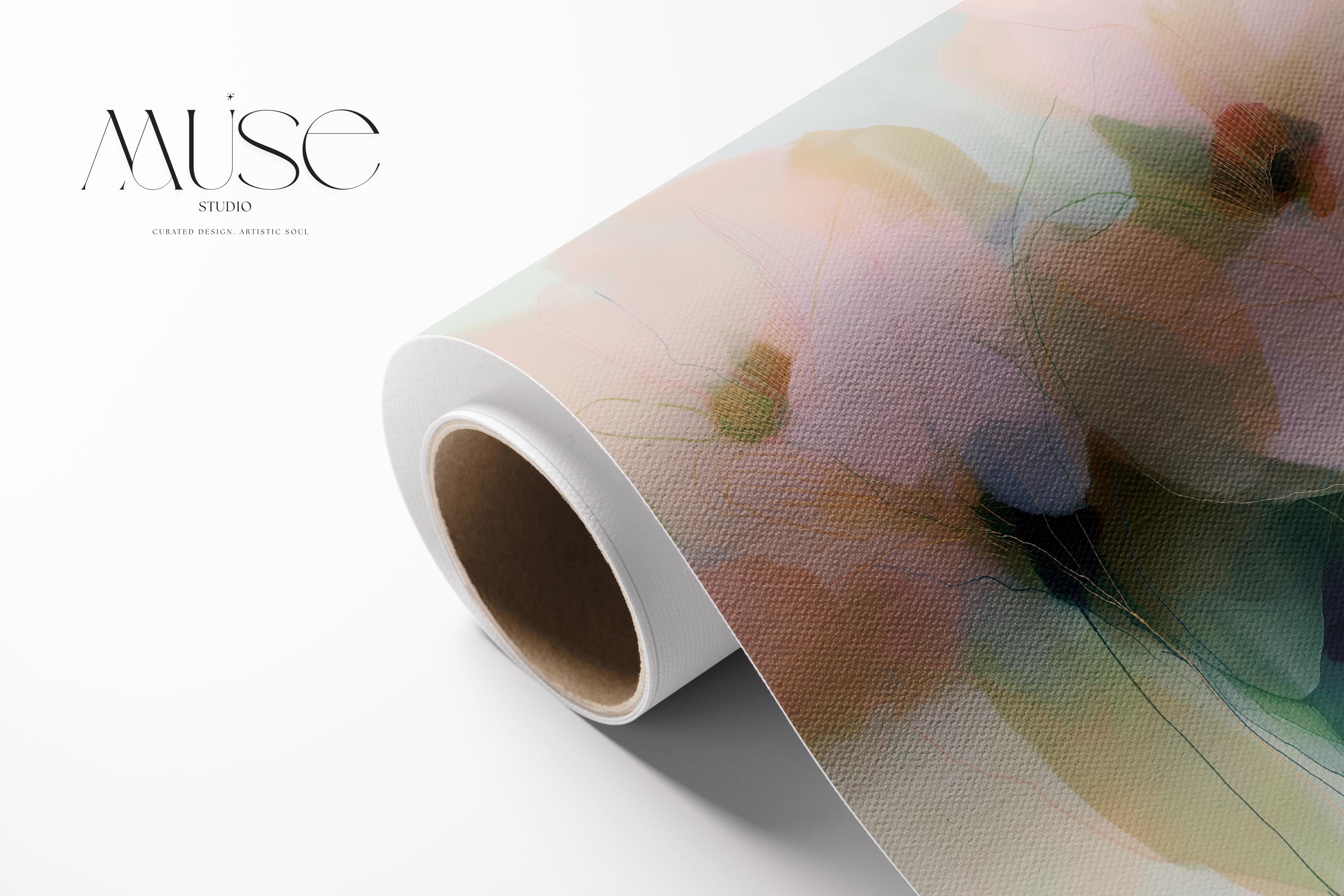 Muse Studio pastel floral canvas wall art featuring blush pink, pale peach, sage green, misty aqua, cream, and deep teal abstract botanical flowers. Square canvas artwork with soft romantic botanical movement, translucent petal forms, fine linework, museum-grade giclée inks, and premium gallery-wrapped cotton canvas, styled for living room, bedroom, office, dining room, cottage, or soft contemporary interiors.