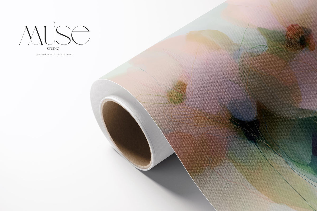 Muse Studio pastel floral canvas wall art featuring blush pink, pale peach, sage green, misty aqua, cream, and deep teal abstract botanical flowers. Square canvas artwork with soft romantic botanical movement, translucent petal forms, fine linework, museum-grade giclée inks, and premium gallery-wrapped cotton canvas, styled for living room, bedroom, office, dining room, cottage, or soft contemporary interiors.