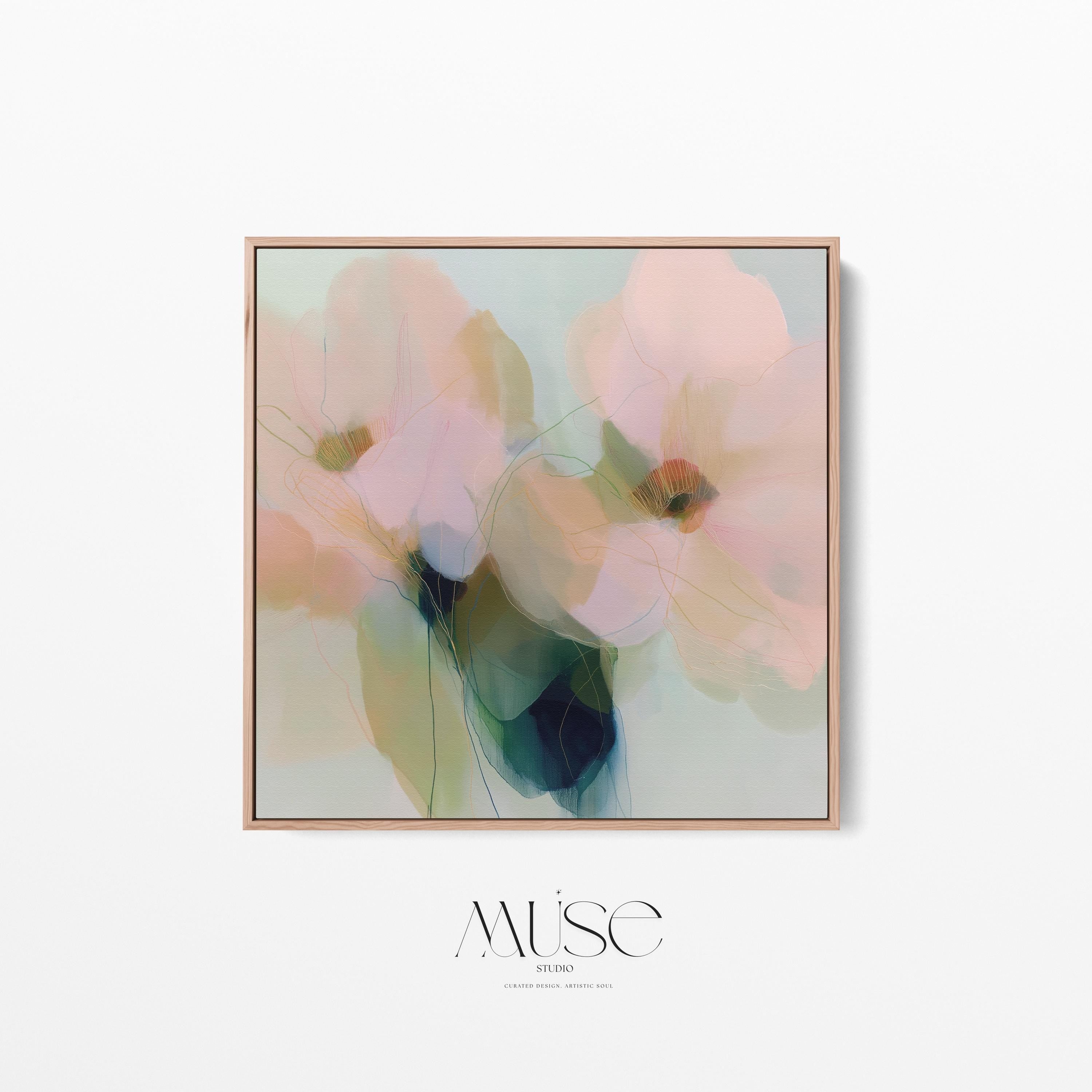 Muse Studio Rosa Vento 1086 neutral botanical wall art shown as a large framed canvas in a soft dining room with cream curtains, warm wood chairs, and vintage rug. This modern floral wall art features blush pink, sage green, aqua, cream, and deep blue-green abstract flowers with delicate linework. Printed with museum-grade giclée inks on premium gallery-wrapped canvas for bedroom, living room, dining room, or office styling.