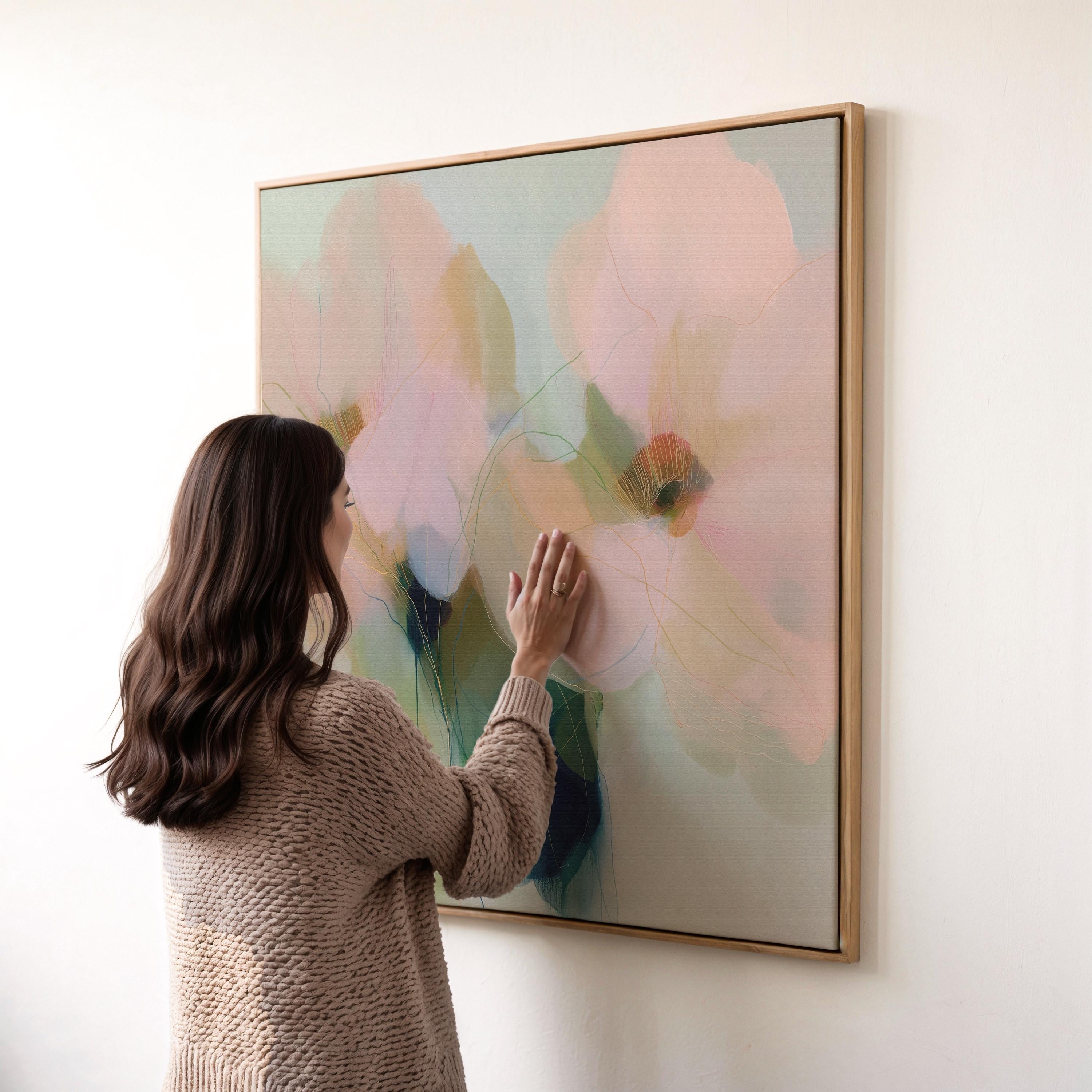 Muse Studio Rosa Vento 1086 neutral botanical wall art shown as a large framed canvas in a soft dining room with cream curtains, warm wood chairs, and vintage rug. This modern floral wall art features blush pink, sage green, aqua, cream, and deep blue-green abstract flowers with delicate linework. Printed with museum-grade giclée inks on premium gallery-wrapped canvas for bedroom, living room, dining room, or office styling.