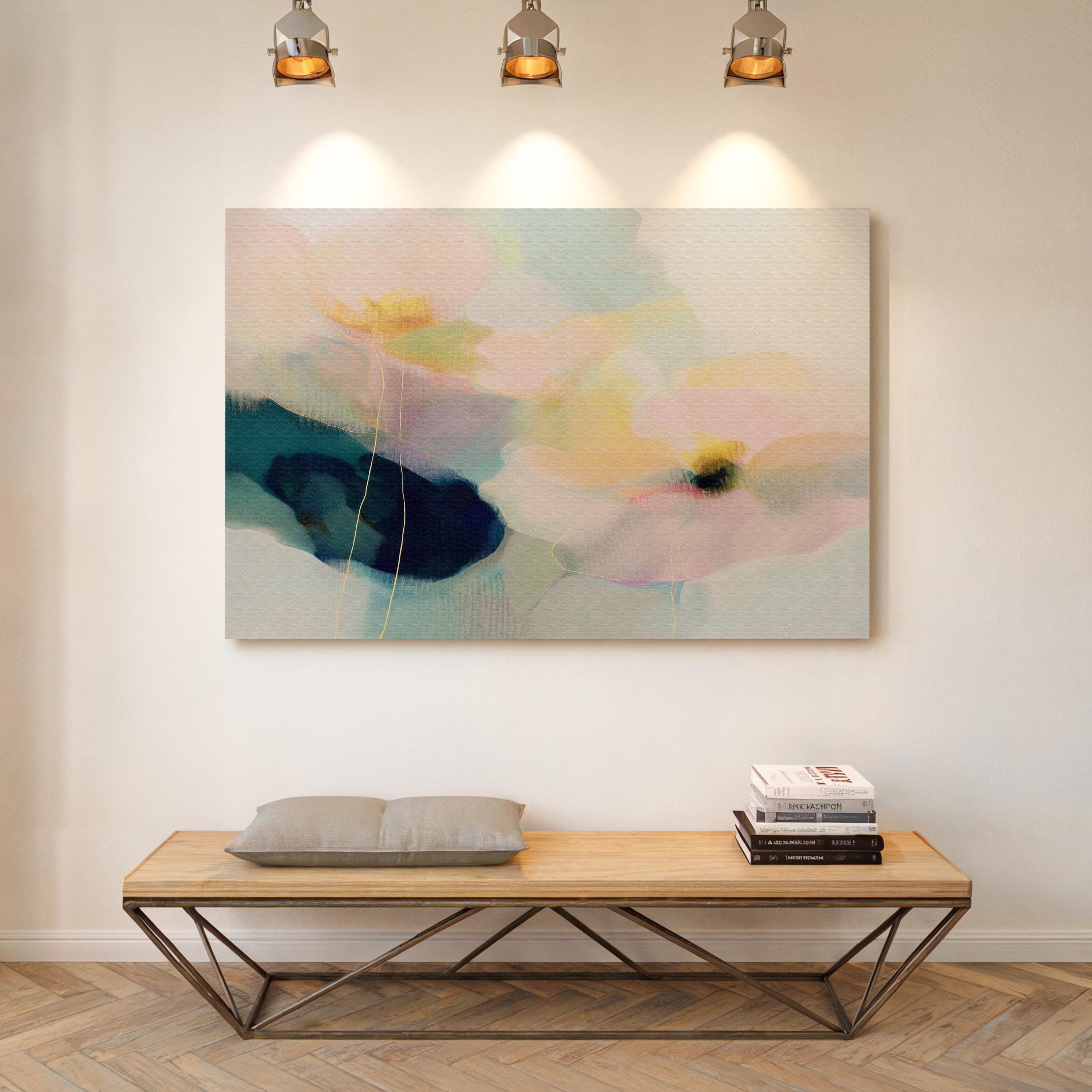 Muse Studio pastel floral canvas wall art featuring pale aqua, blush pink, soft peach, butter yellow, sage green, deep teal, and navy abstract botanical flowers. Large horizontal canvas artwork with soft contemporary pastel movement, romantic floral layering, delicate linework, museum-grade giclée inks, and premium gallery-wrapped cotton canvas for living room, bedroom, office, dining room, modern cottage, rustic farmhouse, and coastal interiors.