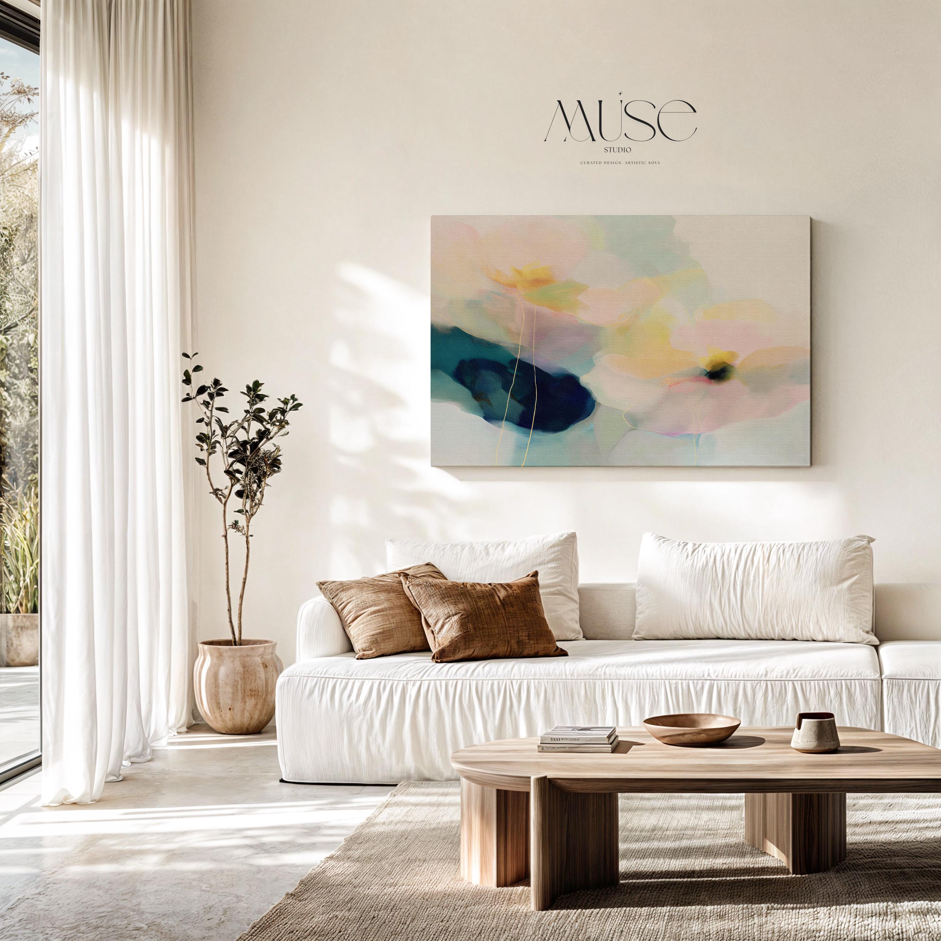 Muse Studio pastel floral canvas wall art featuring pale aqua, blush pink, soft peach, butter yellow, sage green, deep teal, and navy abstract botanical flowers. Large horizontal canvas artwork with soft contemporary pastel movement, romantic floral layering, delicate linework, museum-grade giclée inks, and premium gallery-wrapped cotton canvas for living room, bedroom, office, dining room, modern cottage, rustic farmhouse, and coastal interiors.
