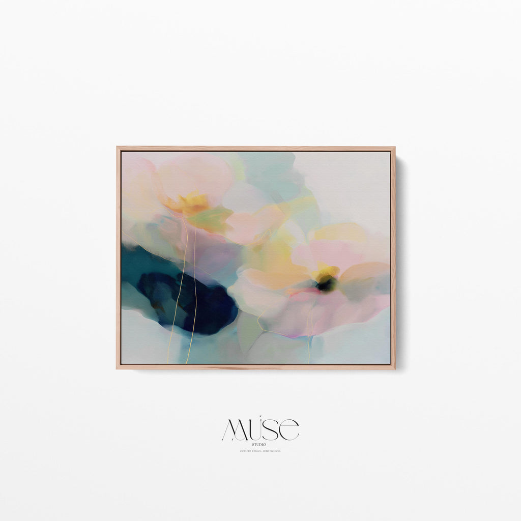 Muse Studio modern farmhouse framed wall art featuring pale aqua, blush pink, soft peach, butter yellow, sage green, deep teal, and navy abstract floral forms. Large horizontal framed canvas with soft contemporary pastel styling, romantic botanical movement, museum-grade giclée inks, premium cotton canvas, and custom wood float frame options for living room, bedroom, office, dining room, modern cottage, rustic farmhouse, and coastal interiors.
