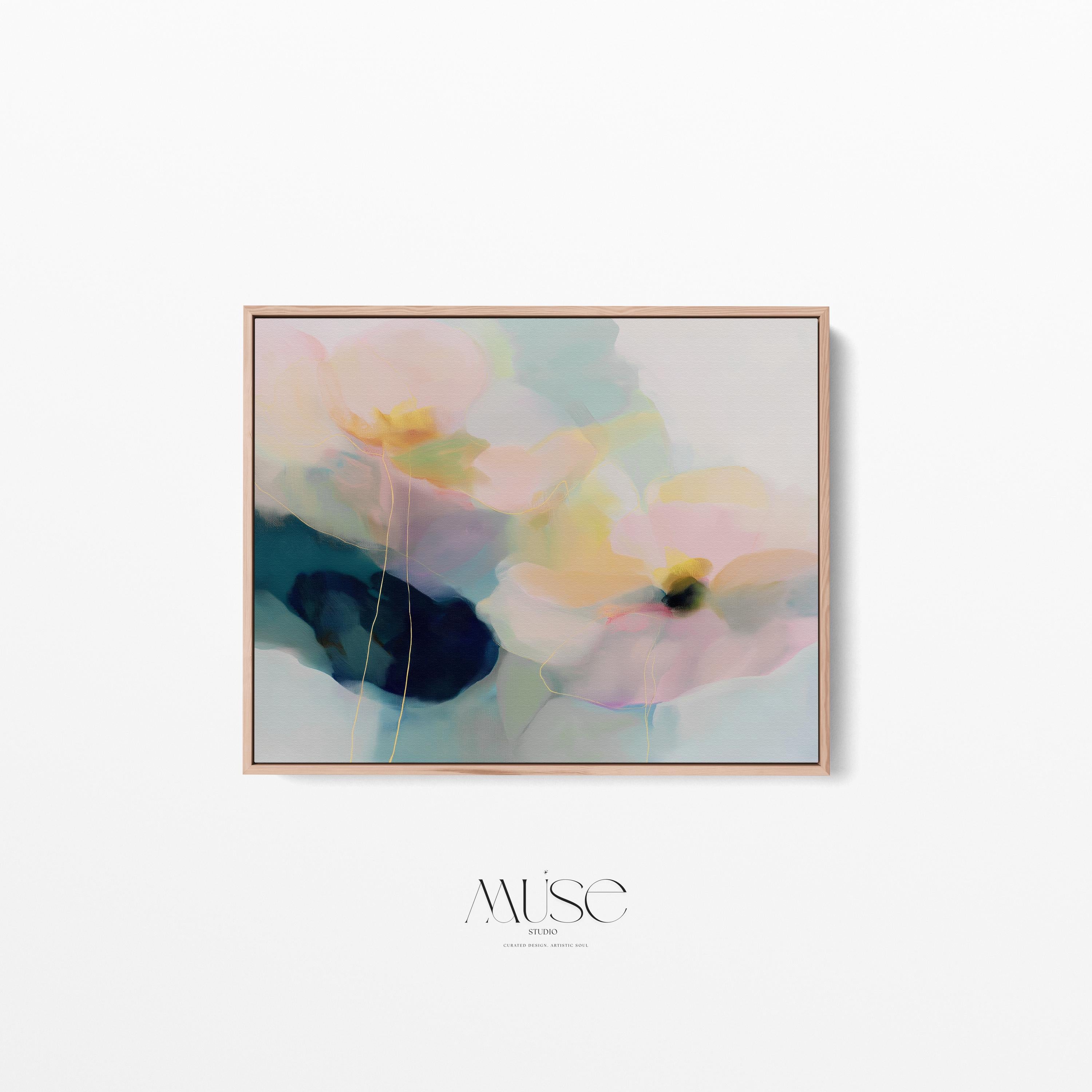 Muse Studio modern farmhouse framed wall art featuring pale aqua, blush pink, soft peach, butter yellow, sage green, deep teal, and navy abstract floral forms. Large horizontal framed canvas with soft contemporary pastel styling, romantic botanical movement, museum-grade giclée inks, premium cotton canvas, and custom wood float frame options for living room, bedroom, office, dining room, modern cottage, rustic farmhouse, and coastal interiors.
