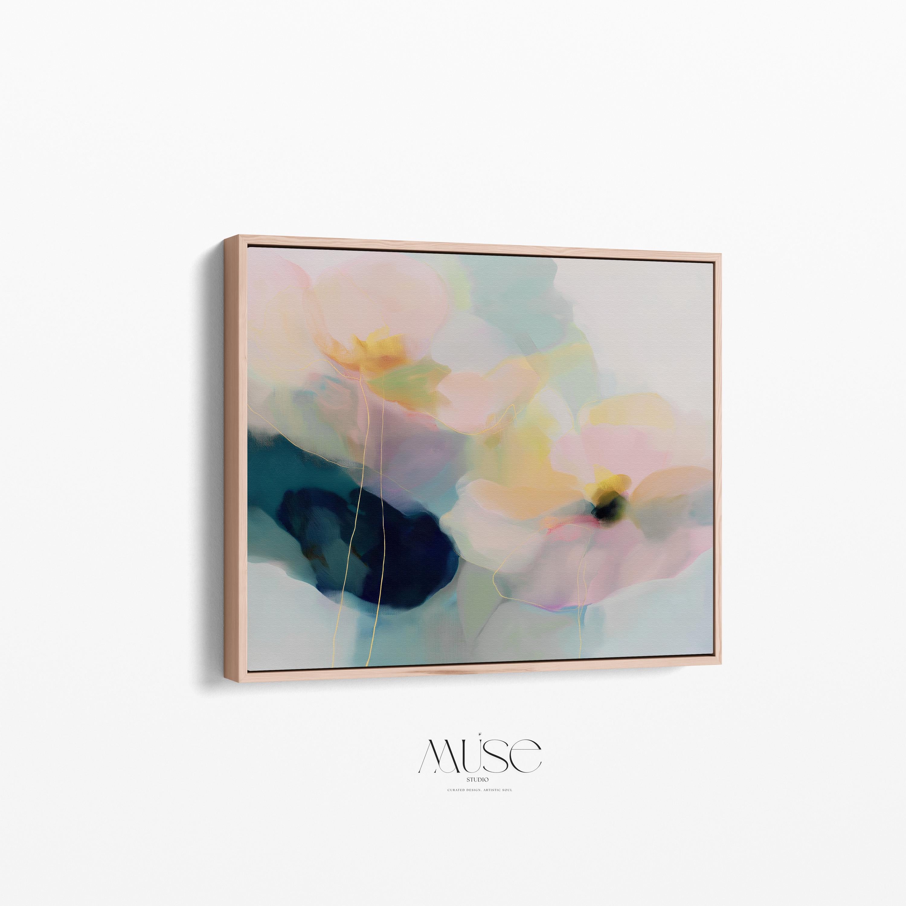 Muse Studio modern farmhouse framed wall art featuring pale aqua, blush pink, soft peach, butter yellow, sage green, deep teal, and navy abstract floral forms. Large horizontal framed canvas with soft contemporary pastel styling, romantic botanical movement, museum-grade giclée inks, premium cotton canvas, and custom wood float frame options for living room, bedroom, office, dining room, modern cottage, rustic farmhouse, and coastal interiors.