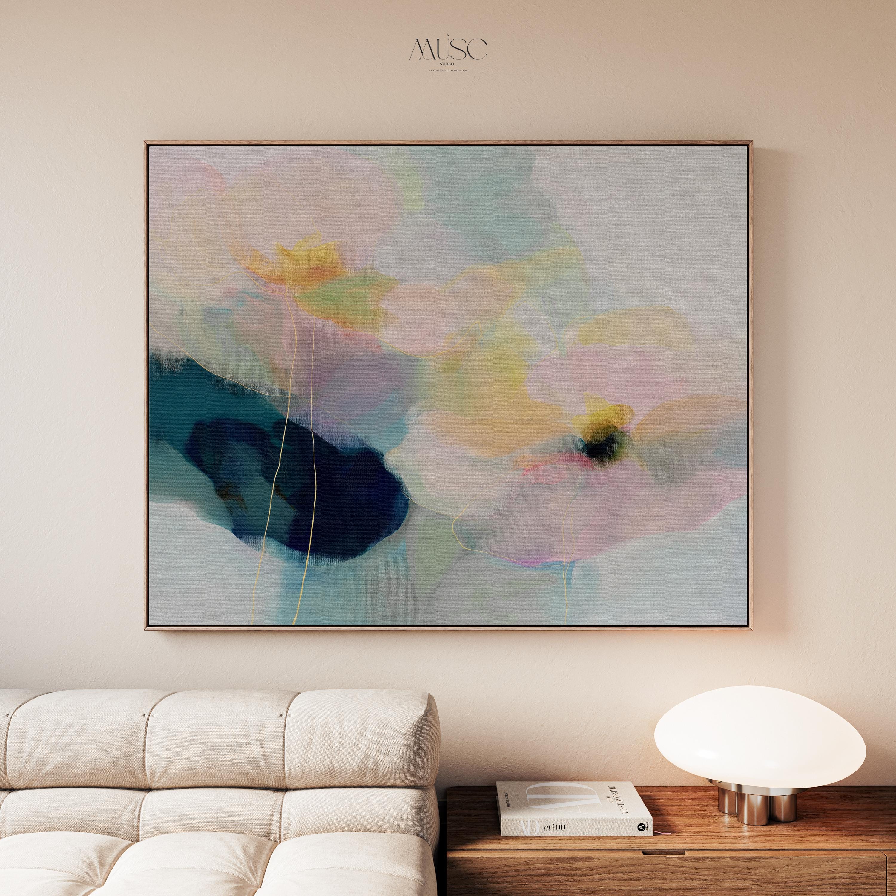 Muse Studio modern farmhouse framed wall art featuring pale aqua, blush pink, soft peach, butter yellow, sage green, deep teal, and navy abstract floral forms. Large horizontal framed canvas with soft contemporary pastel styling, romantic botanical movement, museum-grade giclée inks, premium cotton canvas, and custom wood float frame options for living room, bedroom, office, dining room, modern cottage, rustic farmhouse, and coastal interiors.