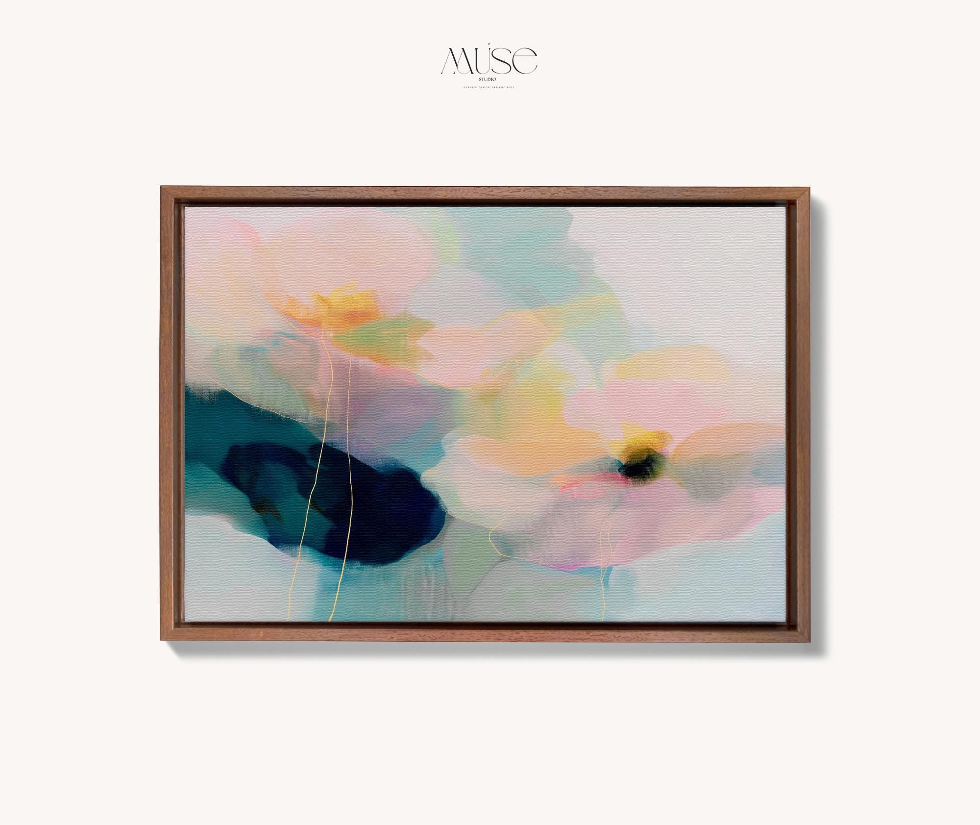 Muse Studio modern farmhouse framed wall art featuring pale aqua, blush pink, soft peach, butter yellow, sage green, deep teal, and navy abstract floral forms. Large horizontal framed canvas with soft contemporary pastel styling, romantic botanical movement, museum-grade giclée inks, premium cotton canvas, and custom wood float frame options for living room, bedroom, office, dining room, modern cottage, rustic farmhouse, and coastal interiors.