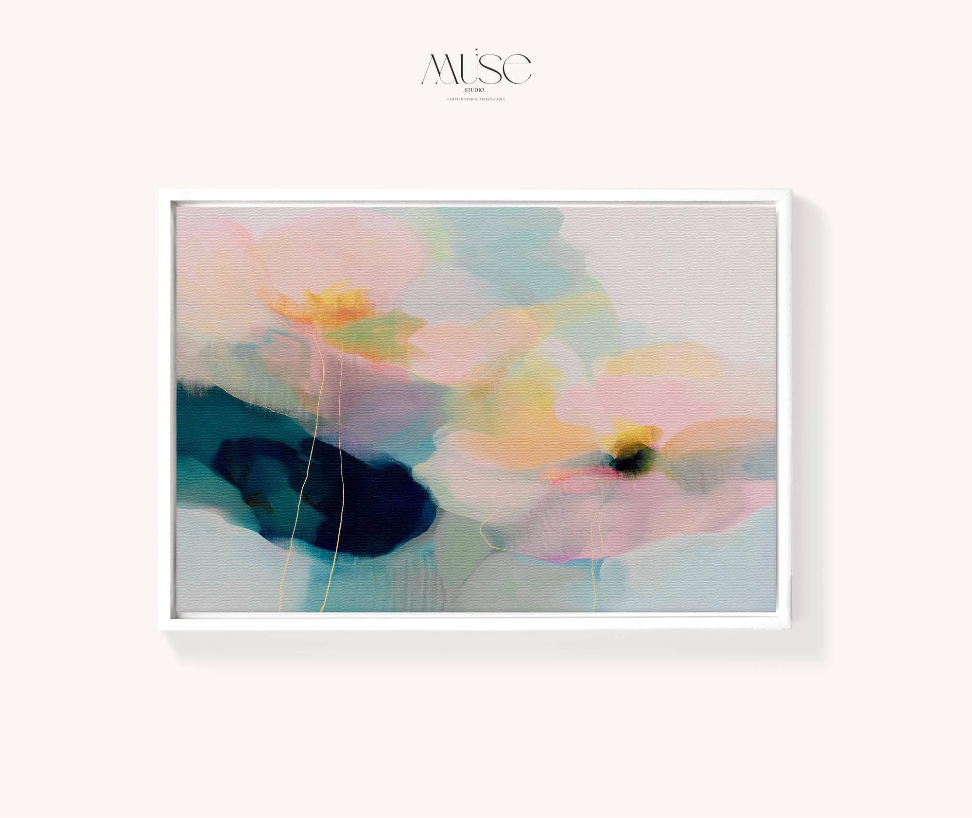 Muse Studio modern farmhouse framed wall art featuring pale aqua, blush pink, soft peach, butter yellow, sage green, deep teal, and navy abstract floral forms. Large horizontal framed canvas with soft contemporary pastel styling, romantic botanical movement, museum-grade giclée inks, premium cotton canvas, and custom wood float frame options for living room, bedroom, office, dining room, modern cottage, rustic farmhouse, and coastal interiors.