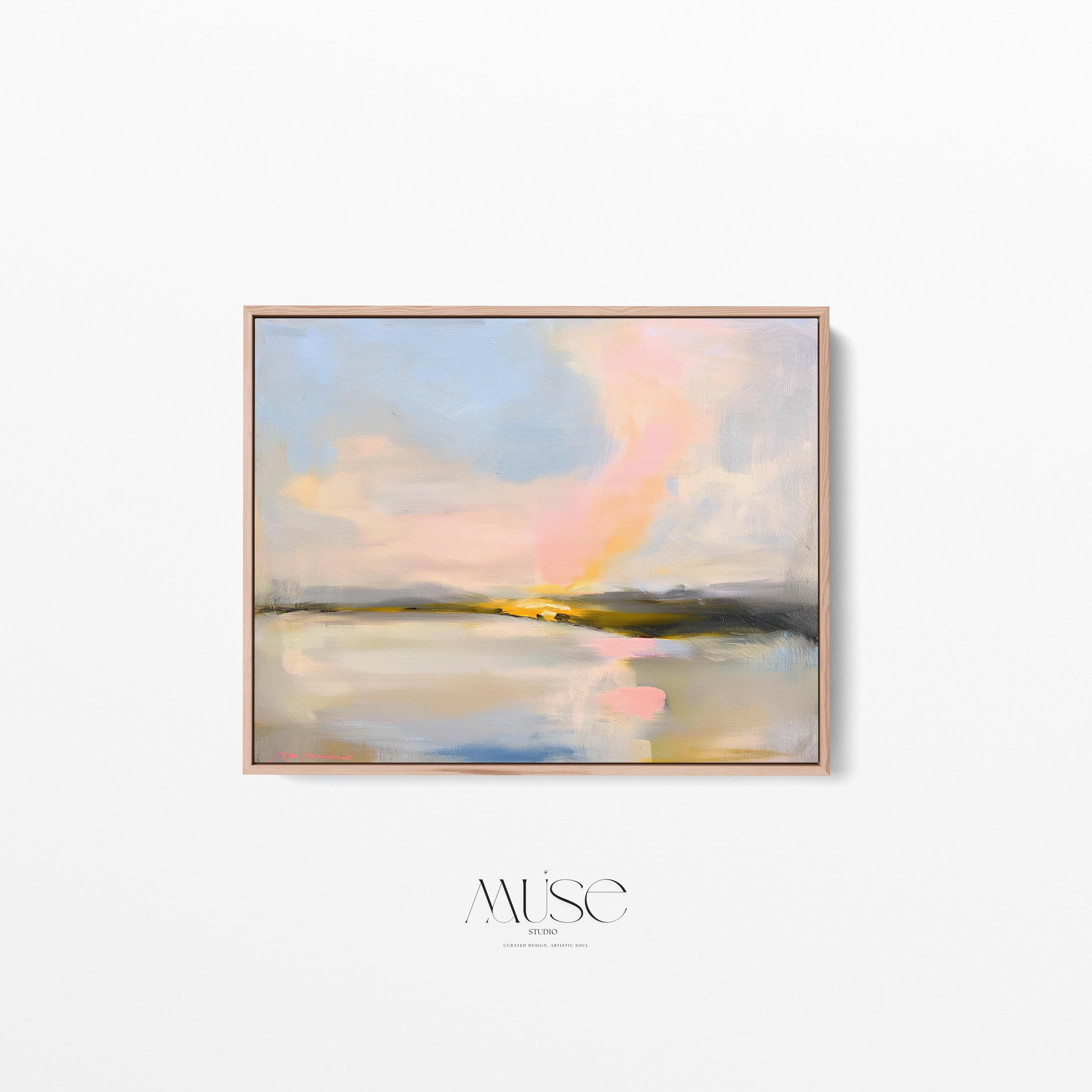Muse Studio framed abstract landscape wall art with pastel pink, blue, cream, gray, and golden neutral tones. Large square framed canvas artwork with soft coastal horizon movement, museum-grade giclée inks, premium cotton canvas, and custom wood float frame options, styled for living room, bedroom, office, dining room, or elevated modern coastal decor.