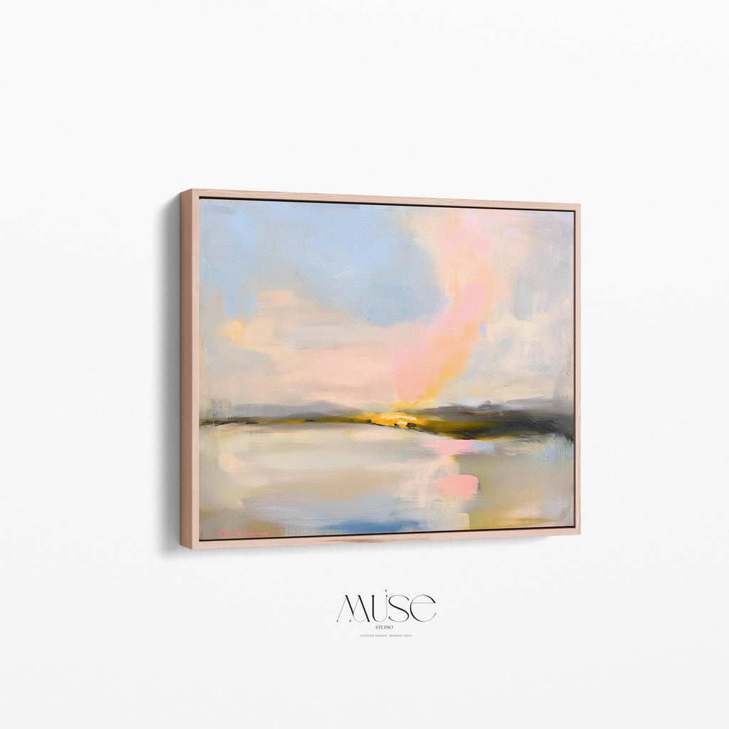 Muse Studio framed abstract landscape wall art with pastel pink, blue, cream, gray, and golden neutral tones. Large square framed canvas artwork with soft coastal horizon movement, museum-grade giclée inks, premium cotton canvas, and custom wood float frame options, styled for living room, bedroom, office, dining room, or elevated modern coastal decor.