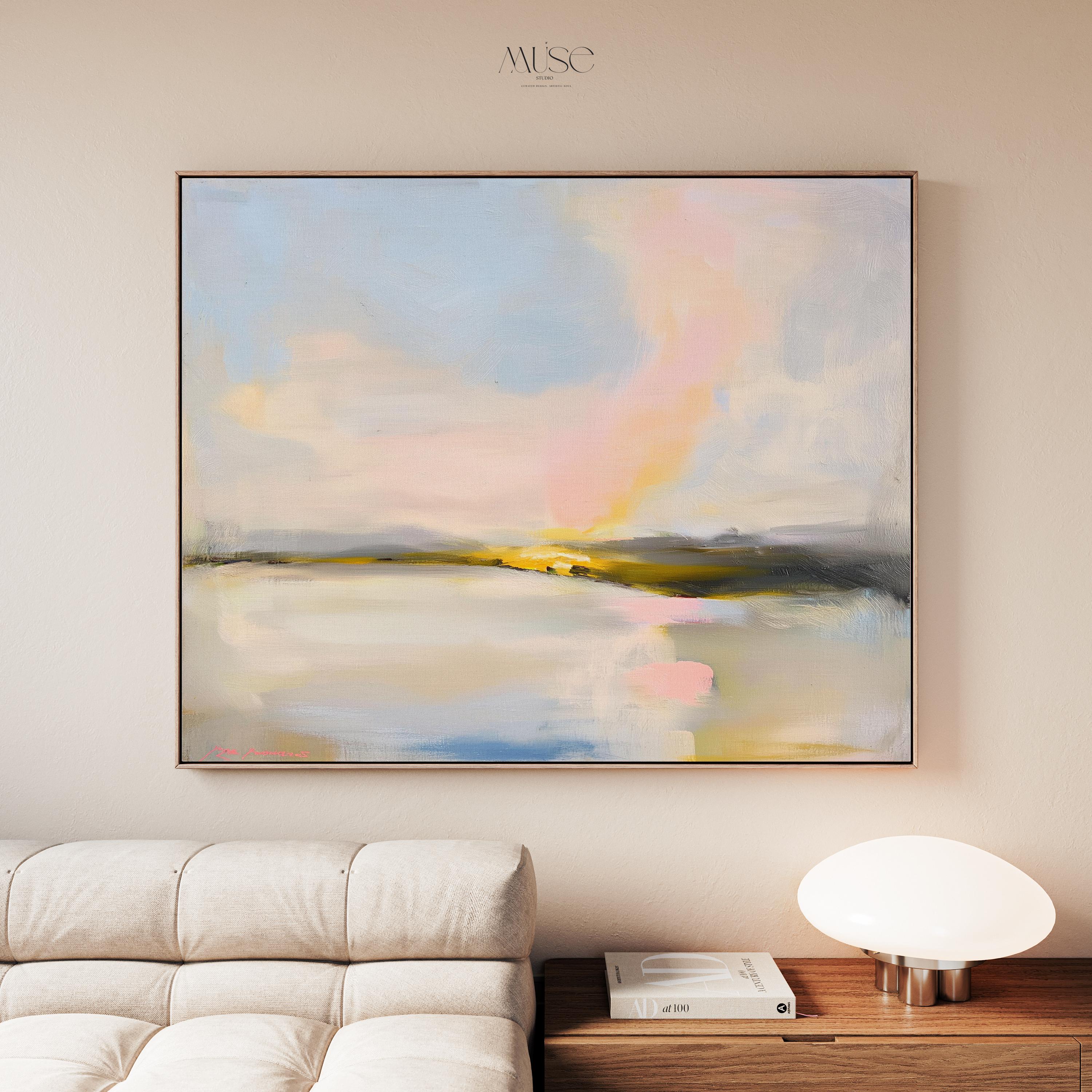 Muse Studio framed abstract landscape wall art with pastel pink, blue, cream, gray, and golden neutral tones. Large square framed canvas artwork with soft coastal horizon movement, museum-grade giclée inks, premium cotton canvas, and custom wood float frame options, styled for living room, bedroom, office, dining room, or elevated modern coastal decor.