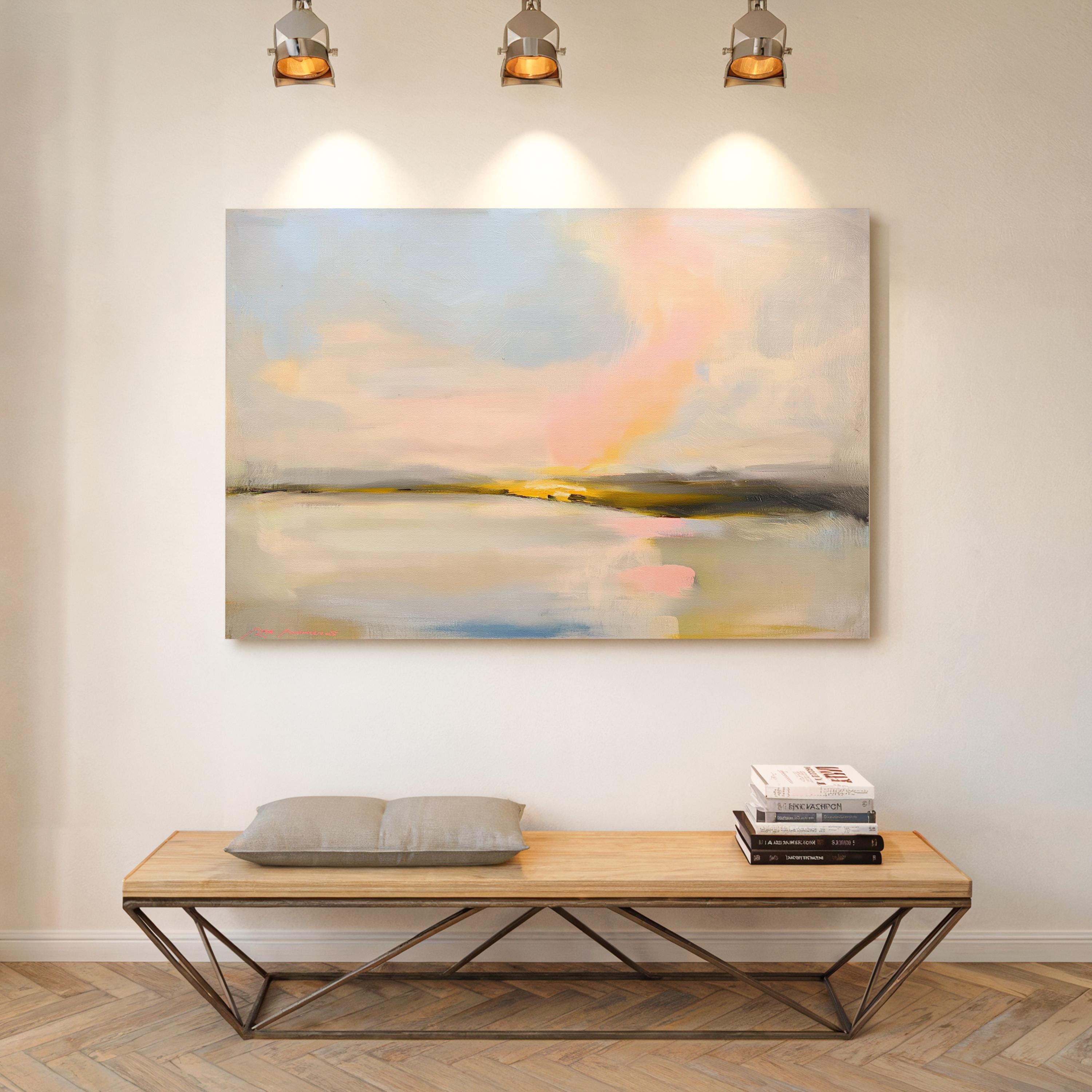 Muse Studio pastel coastal canvas wall art featuring a soft pink and blue abstract landscape with cream, gray, blush, and golden neutral tones. Large square canvas artwork with painterly horizon movement, museum-grade giclée inks, and premium gallery-wrapped cotton canvas, styled above a console for living room, bedroom, office, dining room, or modern coastal interiors.