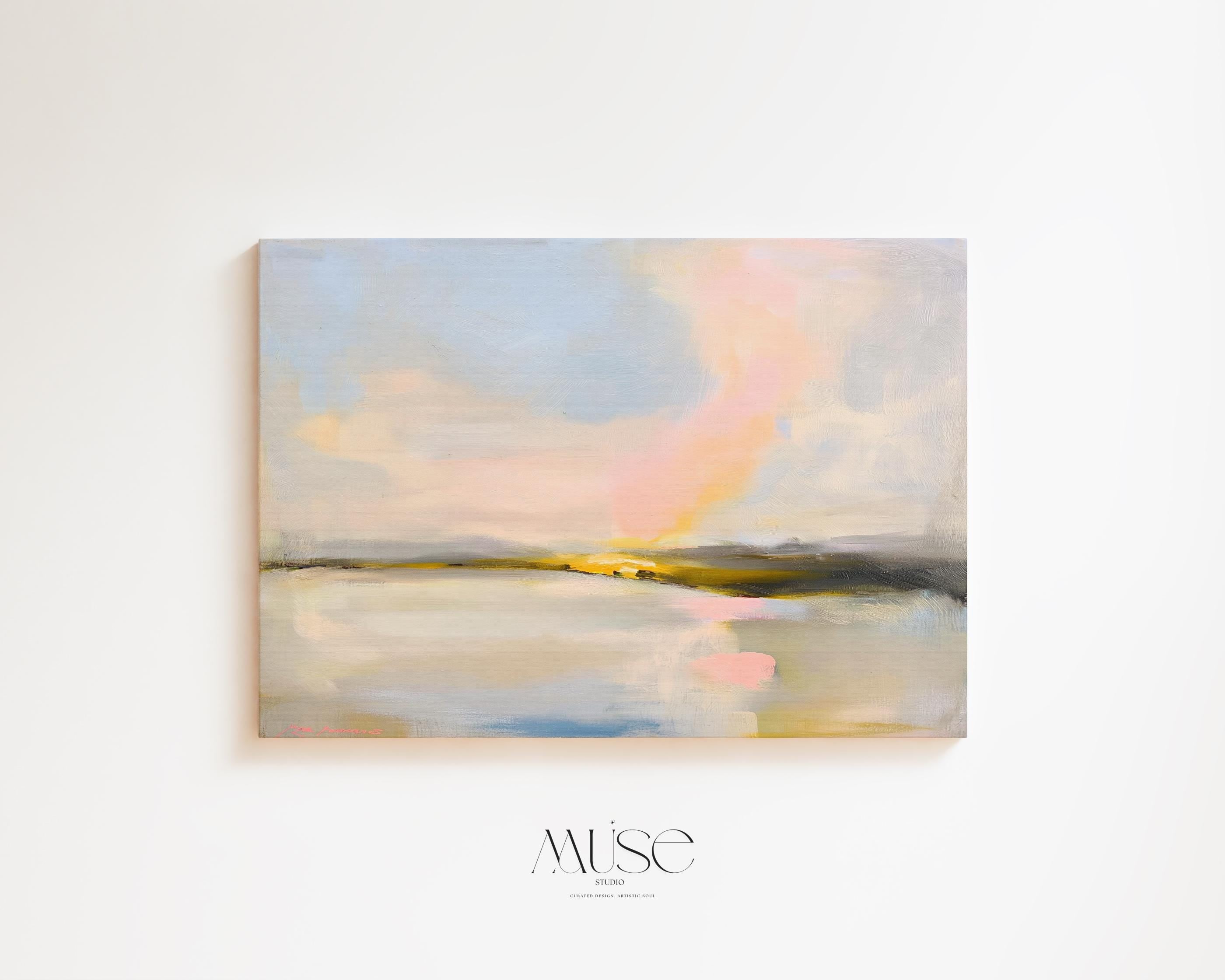 Muse Studio pastel coastal canvas wall art featuring a soft pink and blue abstract landscape with cream, gray, blush, and golden neutral tones. Large square canvas artwork with painterly horizon movement, museum-grade giclée inks, and premium gallery-wrapped cotton canvas, styled above a console for living room, bedroom, office, dining room, or modern coastal interiors.