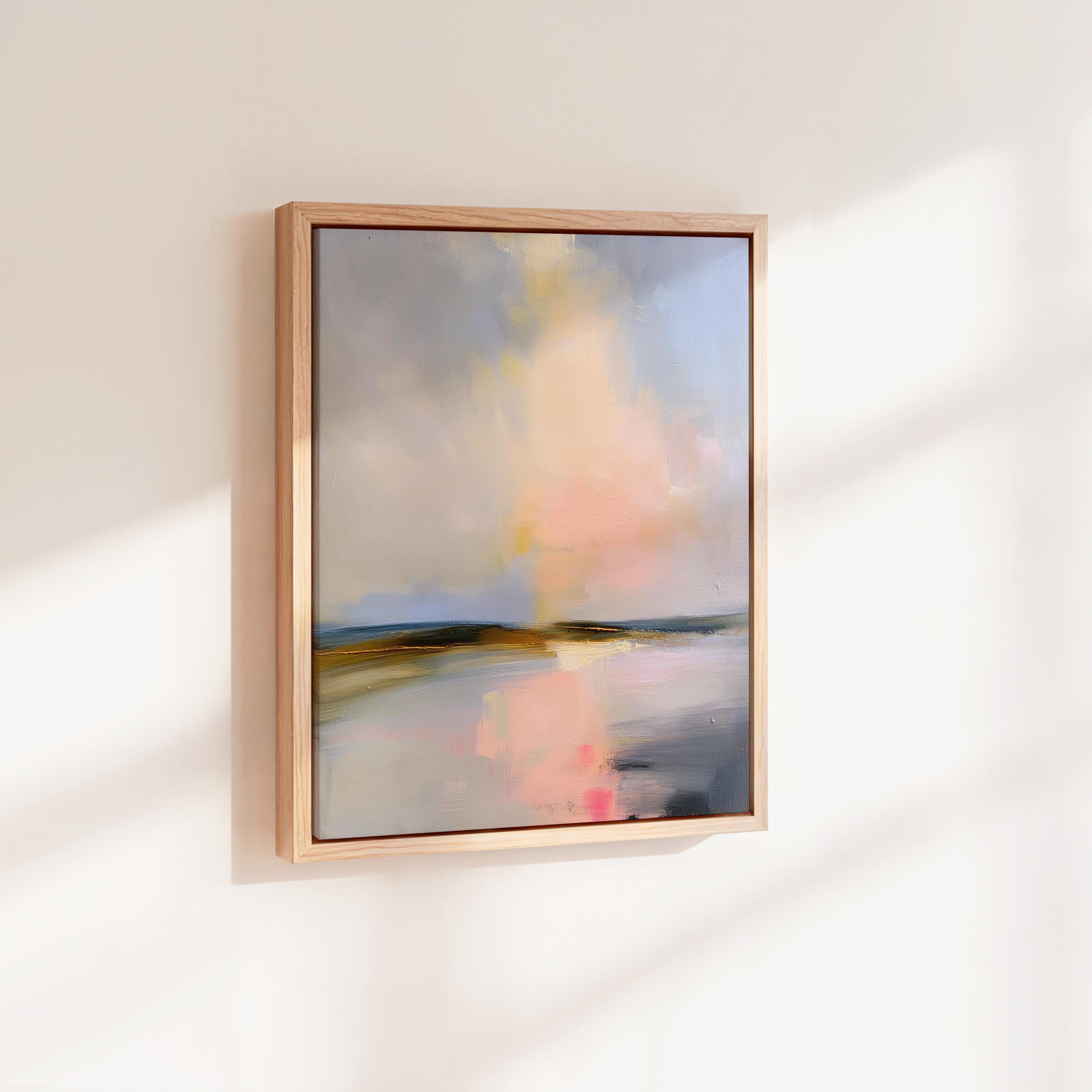 Muse Studio framed coastal wall art featuring a pastel abstract landscape in soft blue, blush pink, cream, gray, and golden neutral tones. Vertical framed canvas artwork with serene horizon movement, museum-grade giclée inks, premium cotton canvas, and custom wood float frame options, styled for living room, bedroom, office, dining room, or modern coastal interiors.
