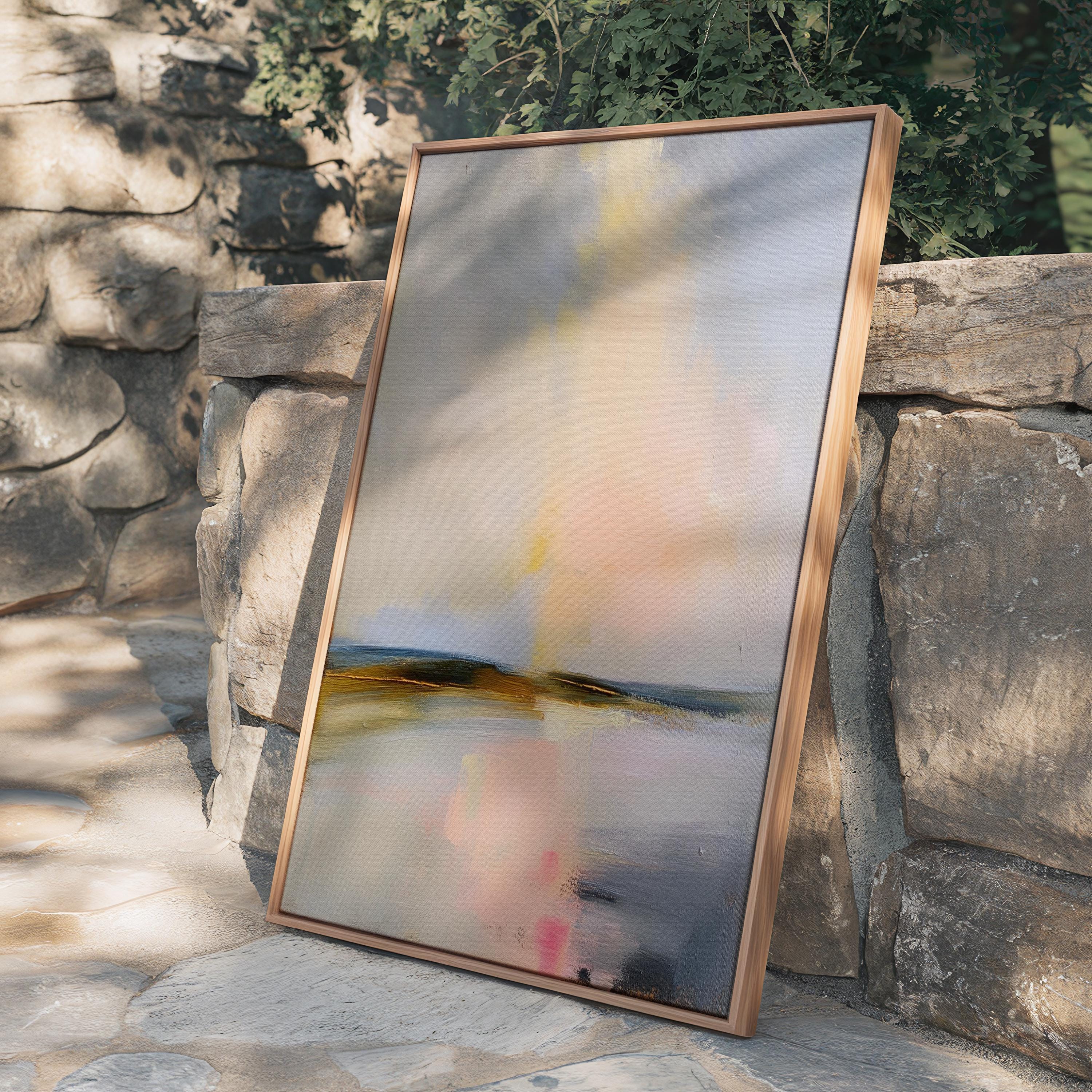 Muse Studio framed coastal wall art featuring a pastel abstract landscape in soft blue, blush pink, cream, gray, and golden neutral tones. Vertical framed canvas artwork with serene horizon movement, museum-grade giclée inks, premium cotton canvas, and custom wood float frame options, styled for living room, bedroom, office, dining room, or modern coastal interiors.