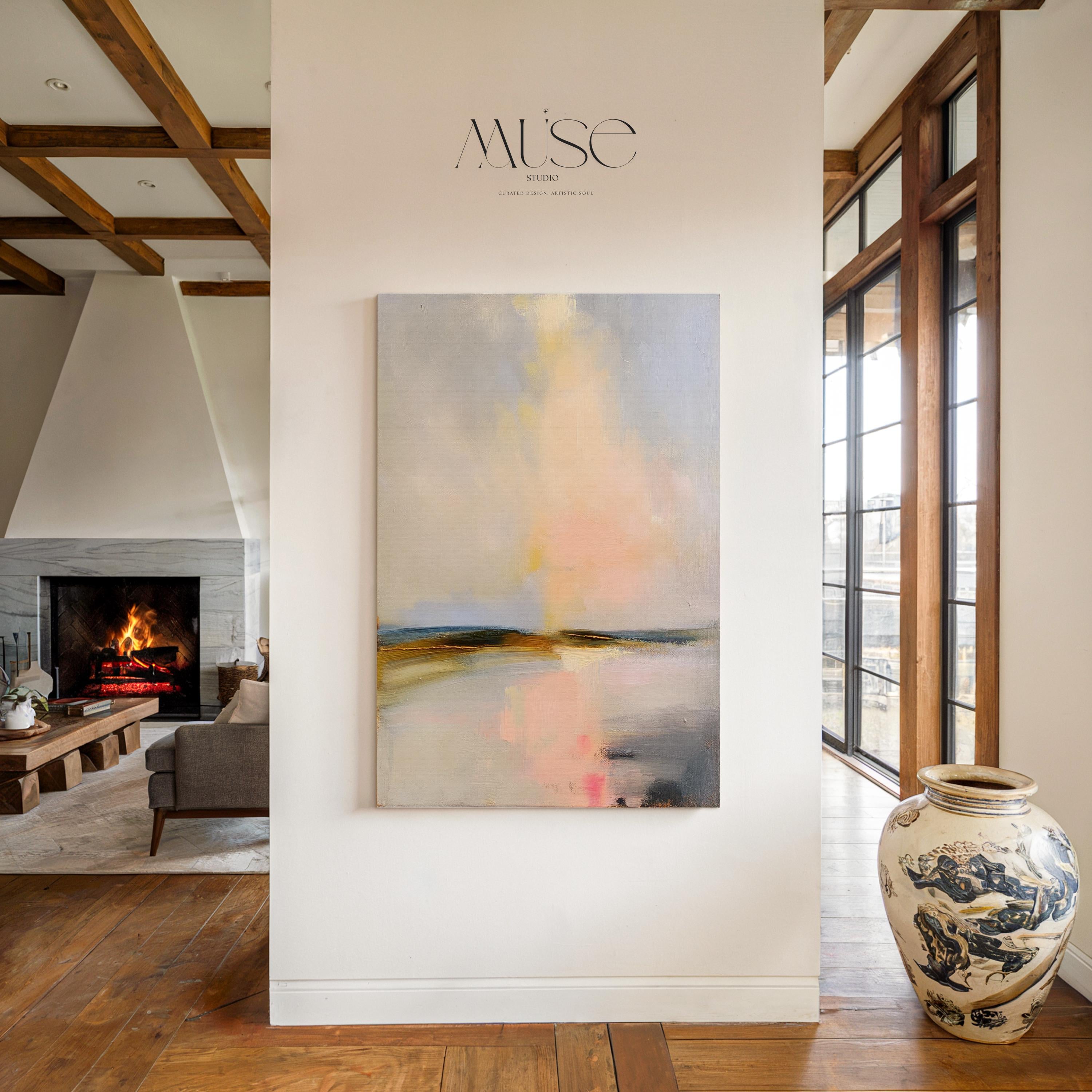 Muse Studio pastel abstract canvas wall art with a serene coastal landscape in soft blue, blush pink, cream, gray, and golden neutral tones. Vertical canvas artwork with painterly horizon movement, museum-grade giclée inks, and premium gallery-wrapped cotton canvas, styled for bedroom, living room, office, dining room, or softly modern coastal decor.