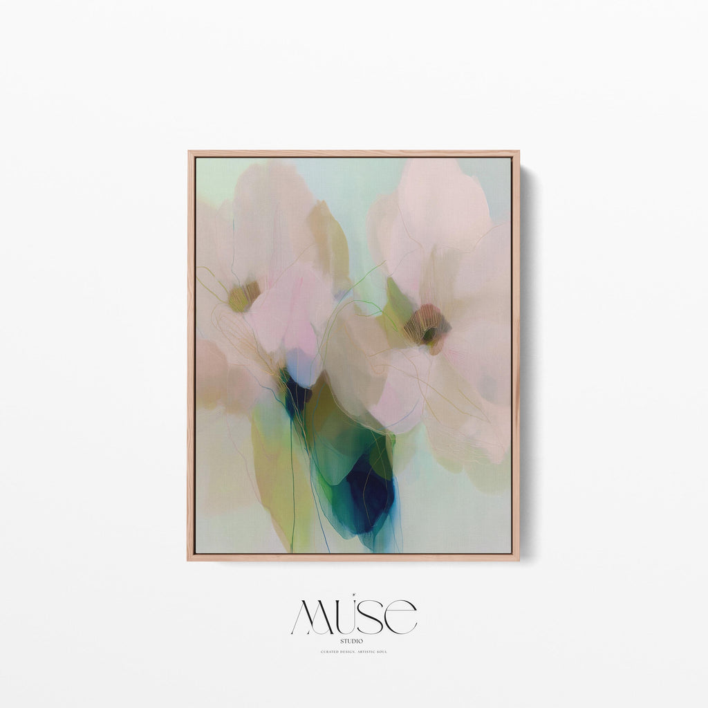 Muse Studio soft botanical framed canvas wall art with pastel blue, blush pink, sage green, and celadon abstract floral forms, printed with museum-grade giclée inks on premium gallery-wrapped artist canvas and custom framed in natural, white, black, antique gold, or antique silver wood float frame options for bedroom, living room, office, and dining room decor.