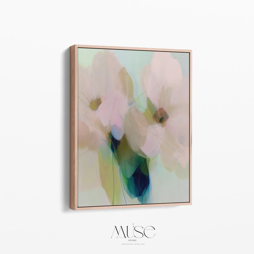Muse Studio soft botanical framed canvas wall art with pastel blue, blush pink, sage green, and celadon abstract floral forms, printed with museum-grade giclée inks on premium gallery-wrapped artist canvas and custom framed in natural, white, black, antique gold, or antique silver wood float frame options for bedroom, living room, office, and dining room decor.